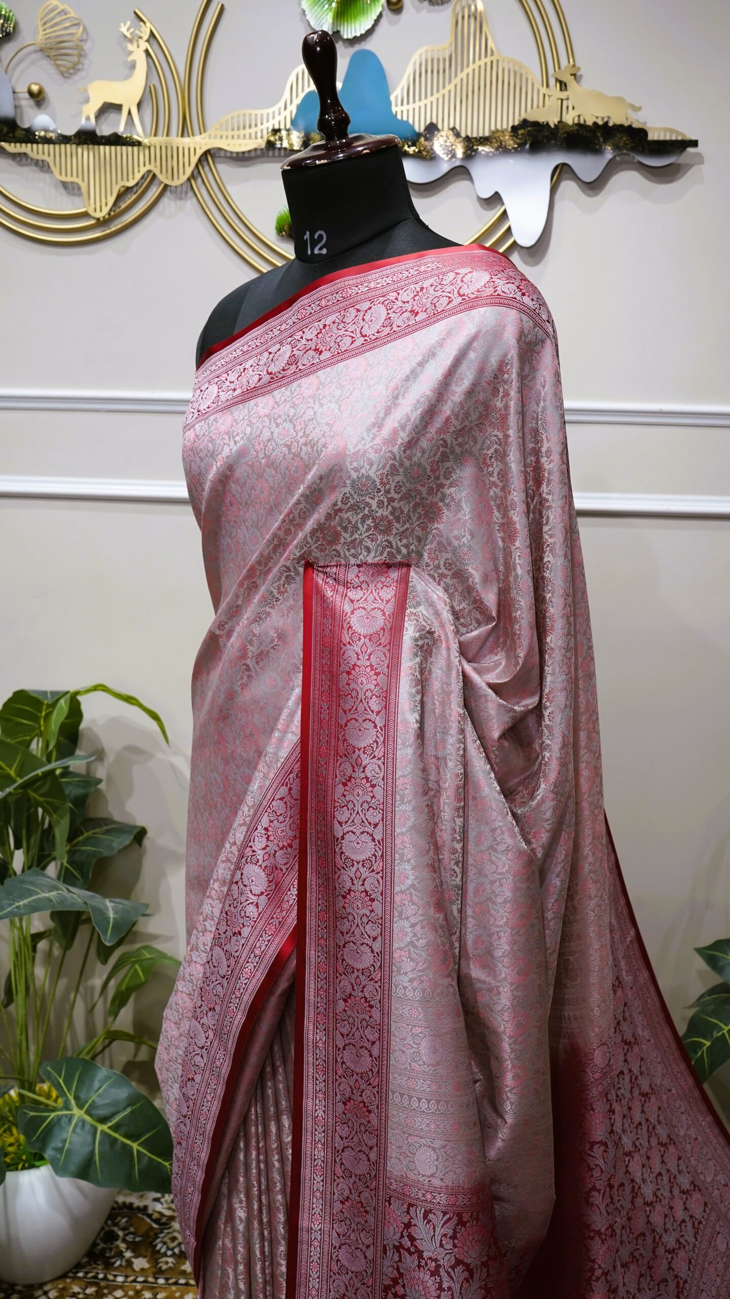 Silver Grey Banarasi Silk Saree with Ruby Red Zari Border - Image 2