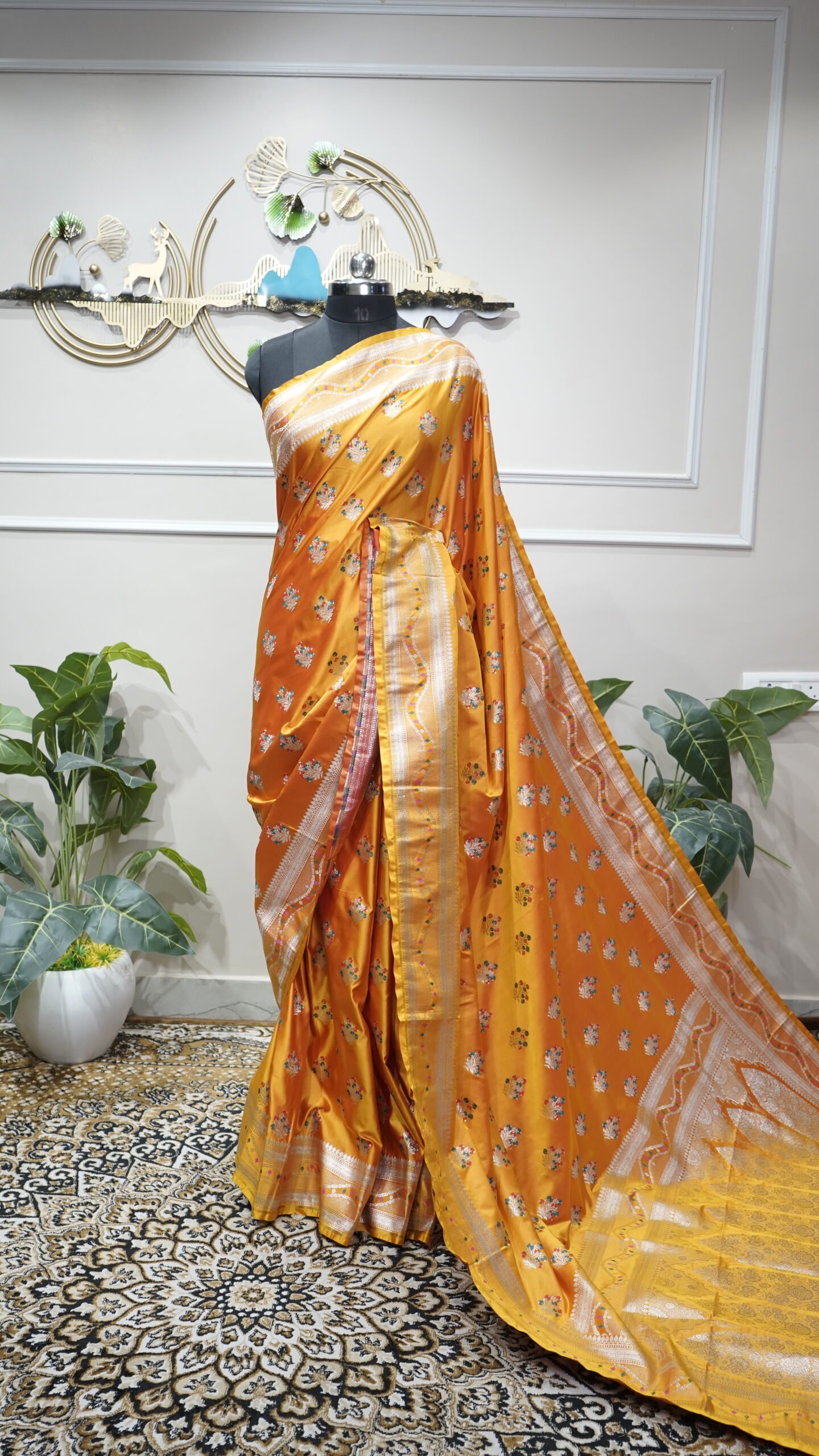 Golden Marigold Banarasi Silk Saree with Silver Zari Floral Butis - Image 2
