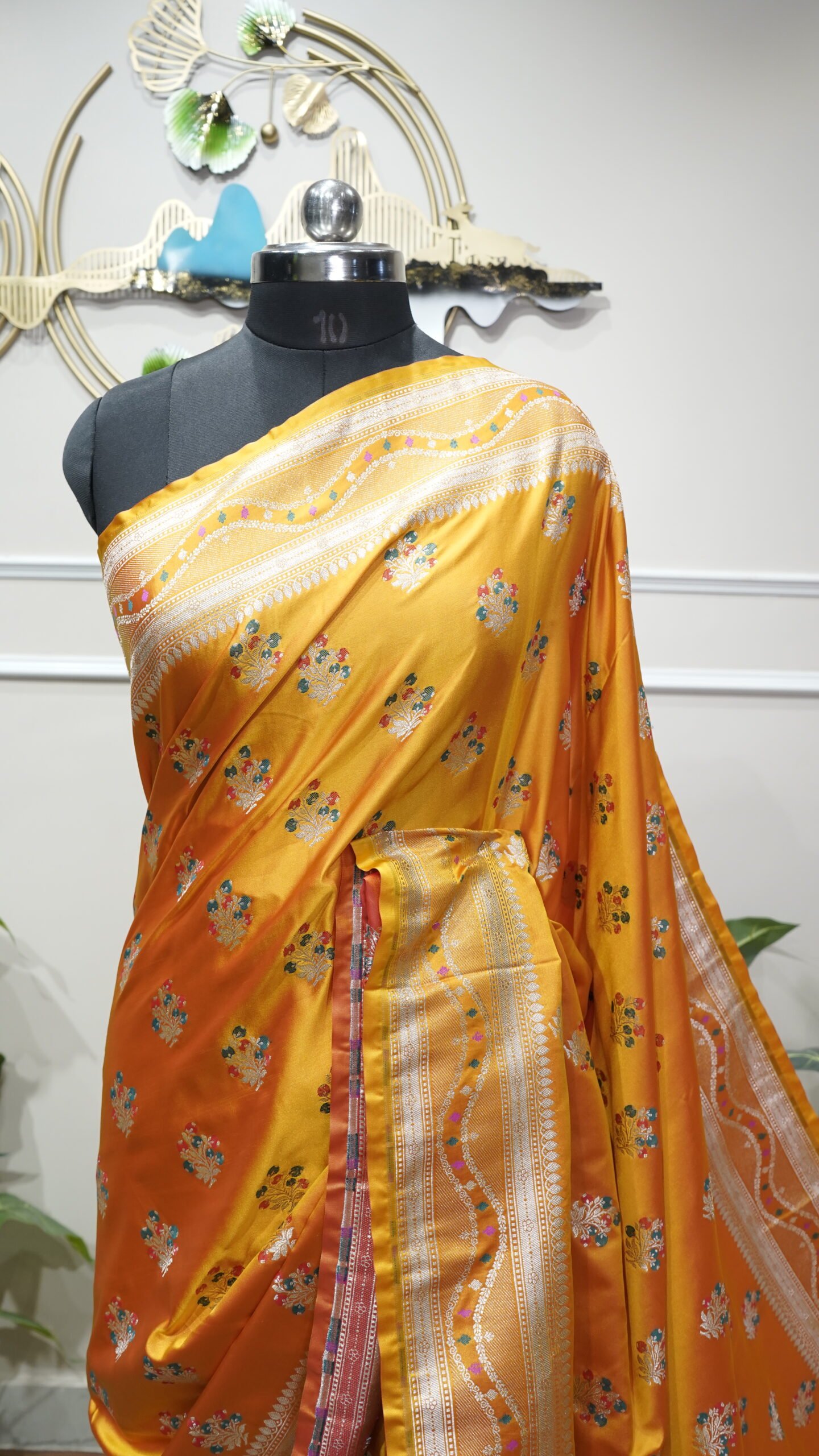 Golden Marigold Banarasi Silk Saree with Silver Zari Floral Butis - Image 5