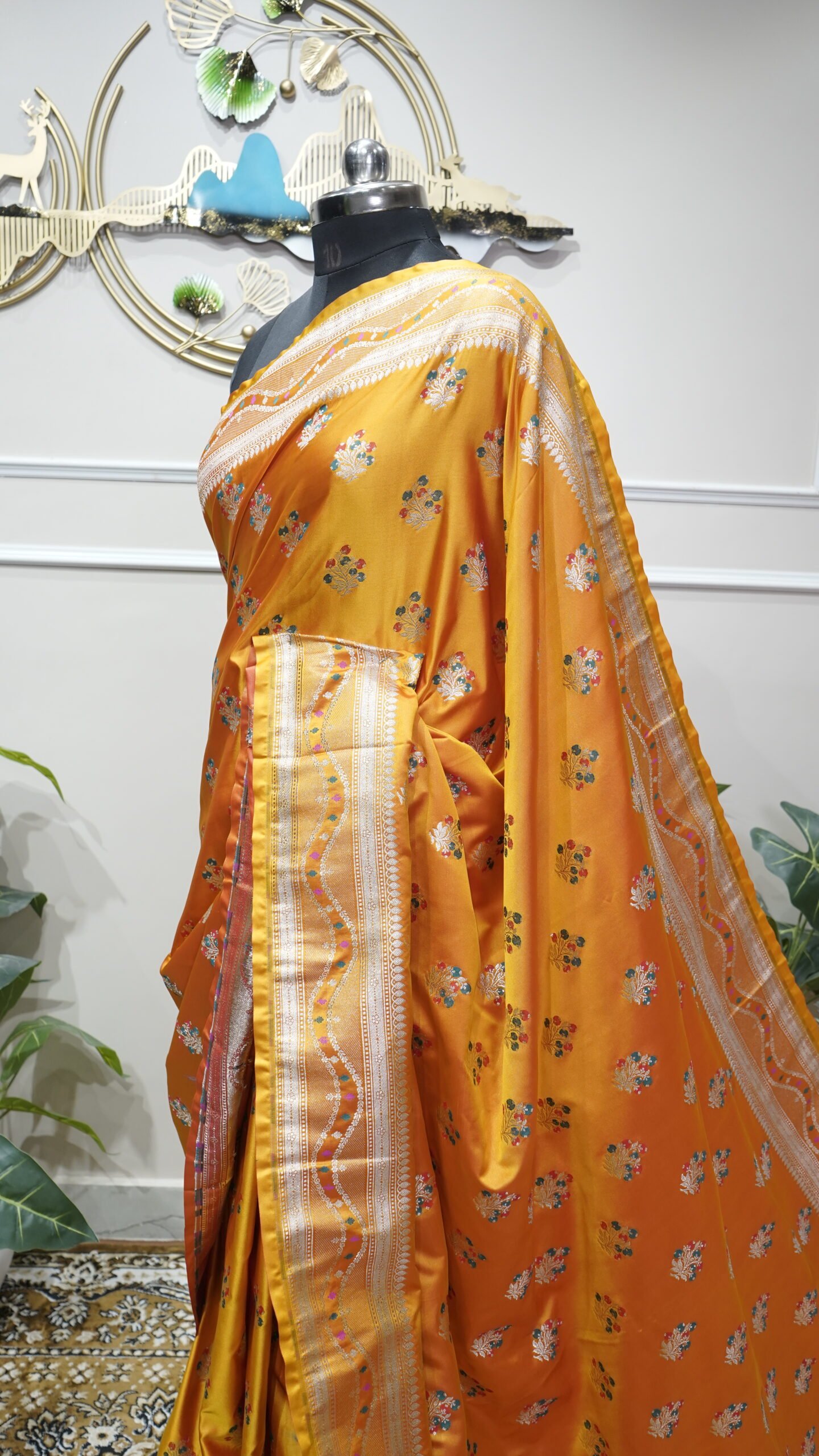 Golden Marigold Banarasi Silk Saree with Silver Zari Floral Butis - Image 4