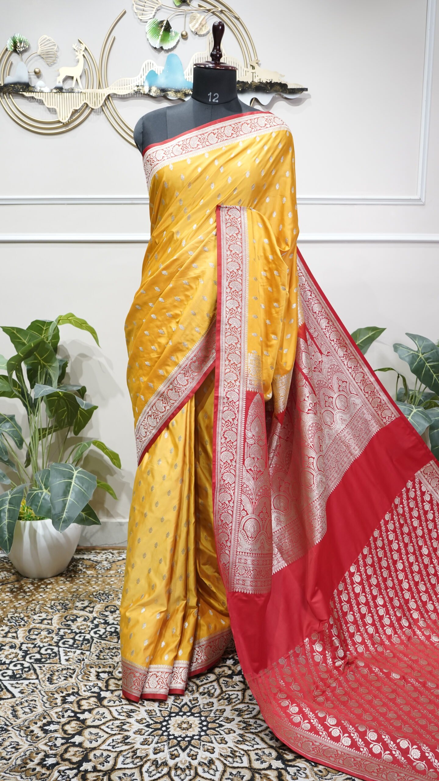 Sunshine Yellow Banarasi Silk Saree with Rani Pink Zari Border - Image 2