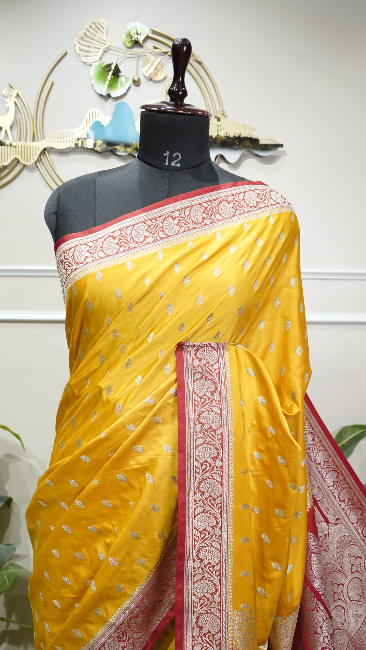 Sunshine Yellow Banarasi Silk Saree with Rani Pink Zari Border - Image 4