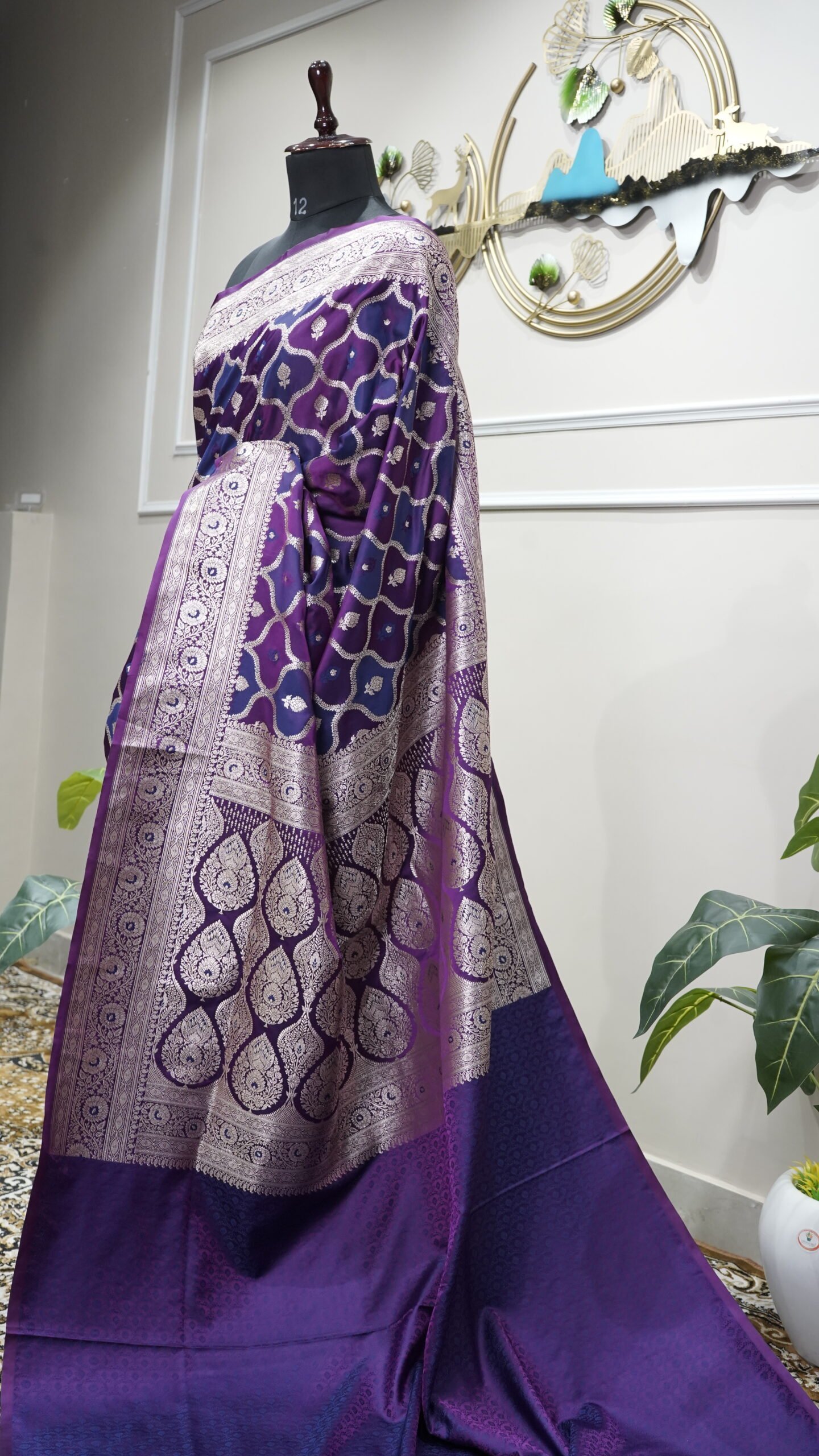 Royal Purple Silver Zari Banarasi Silk Saree - Image 3