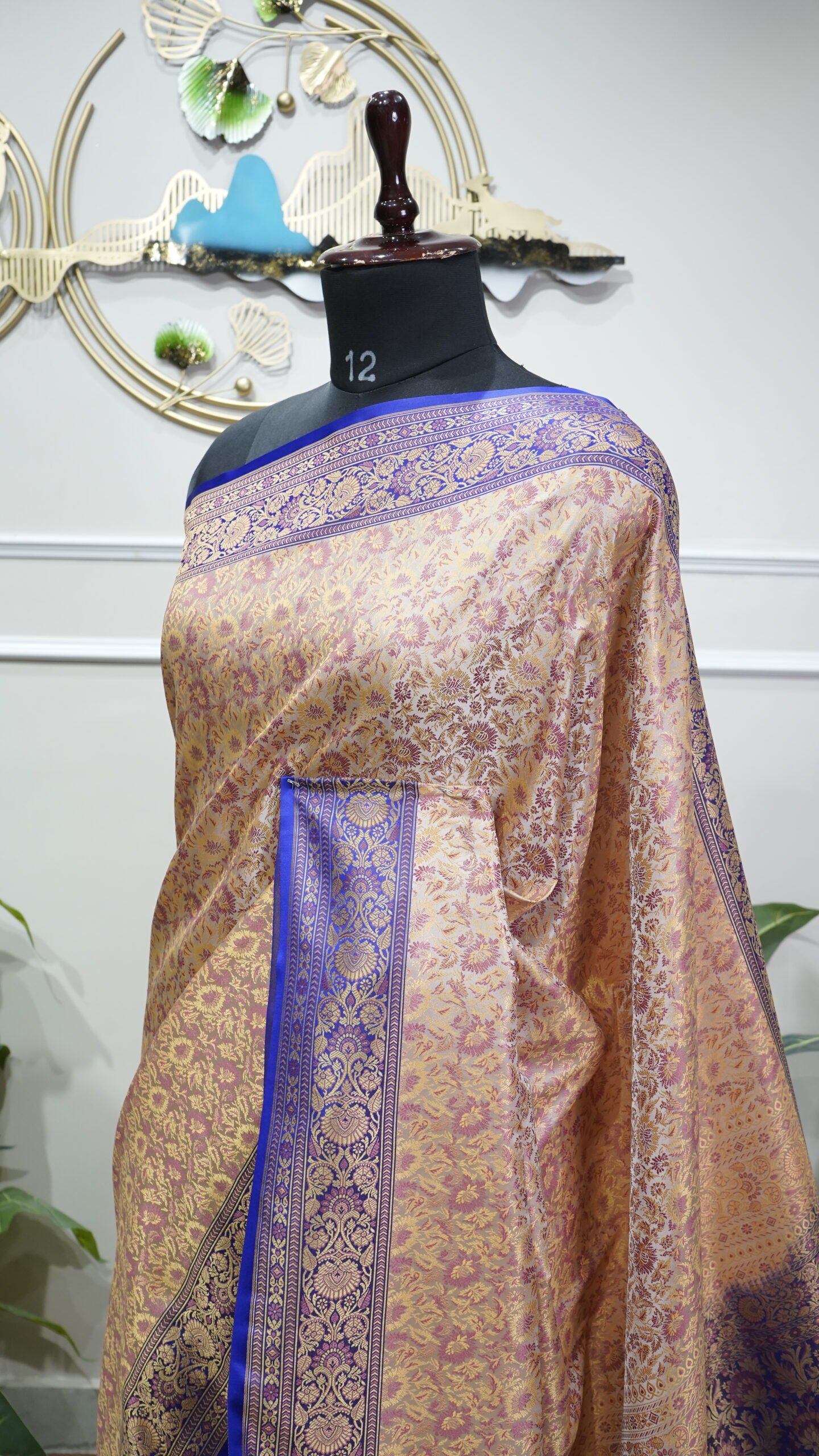 Beige Gold Banarasi Silk Saree with Royal Blue Zari Border - Image 2
