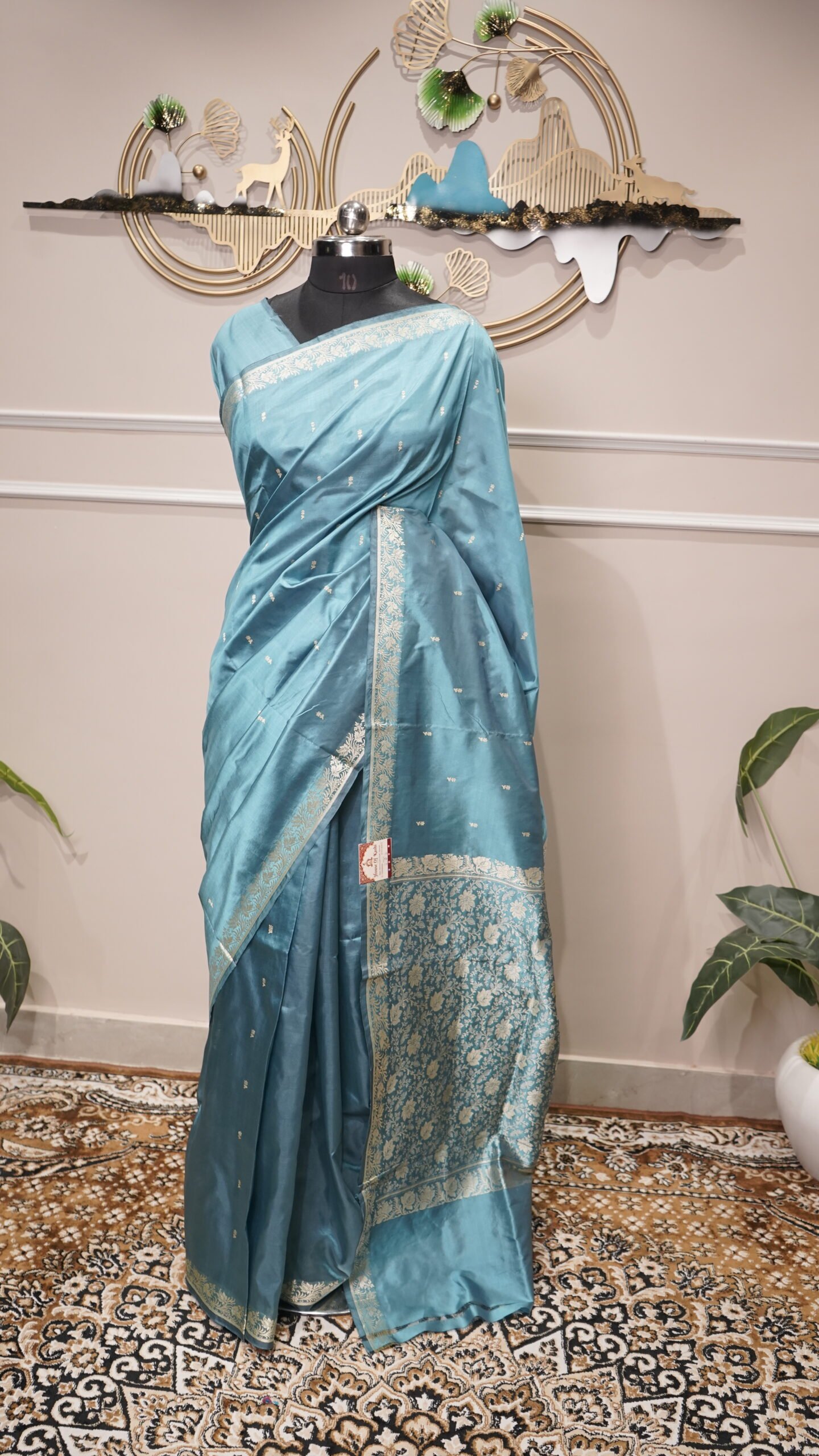 Sky Blue Banarasi Silk Saree with Silver Zari Floral Border - Image 2
