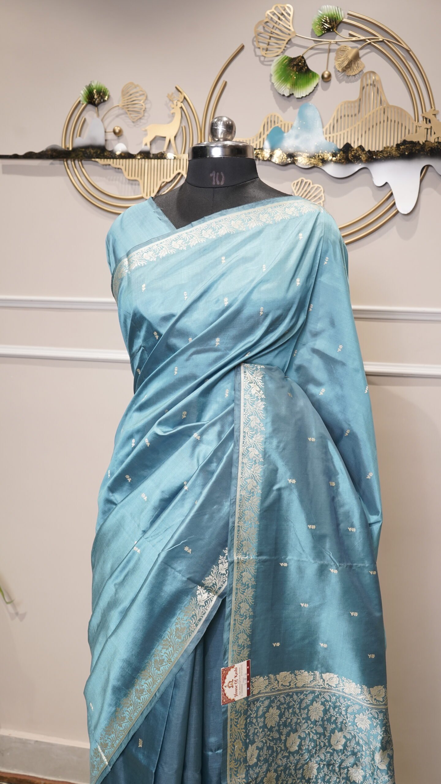Sky Blue Banarasi Silk Saree with Silver Zari Floral Border - Image 4