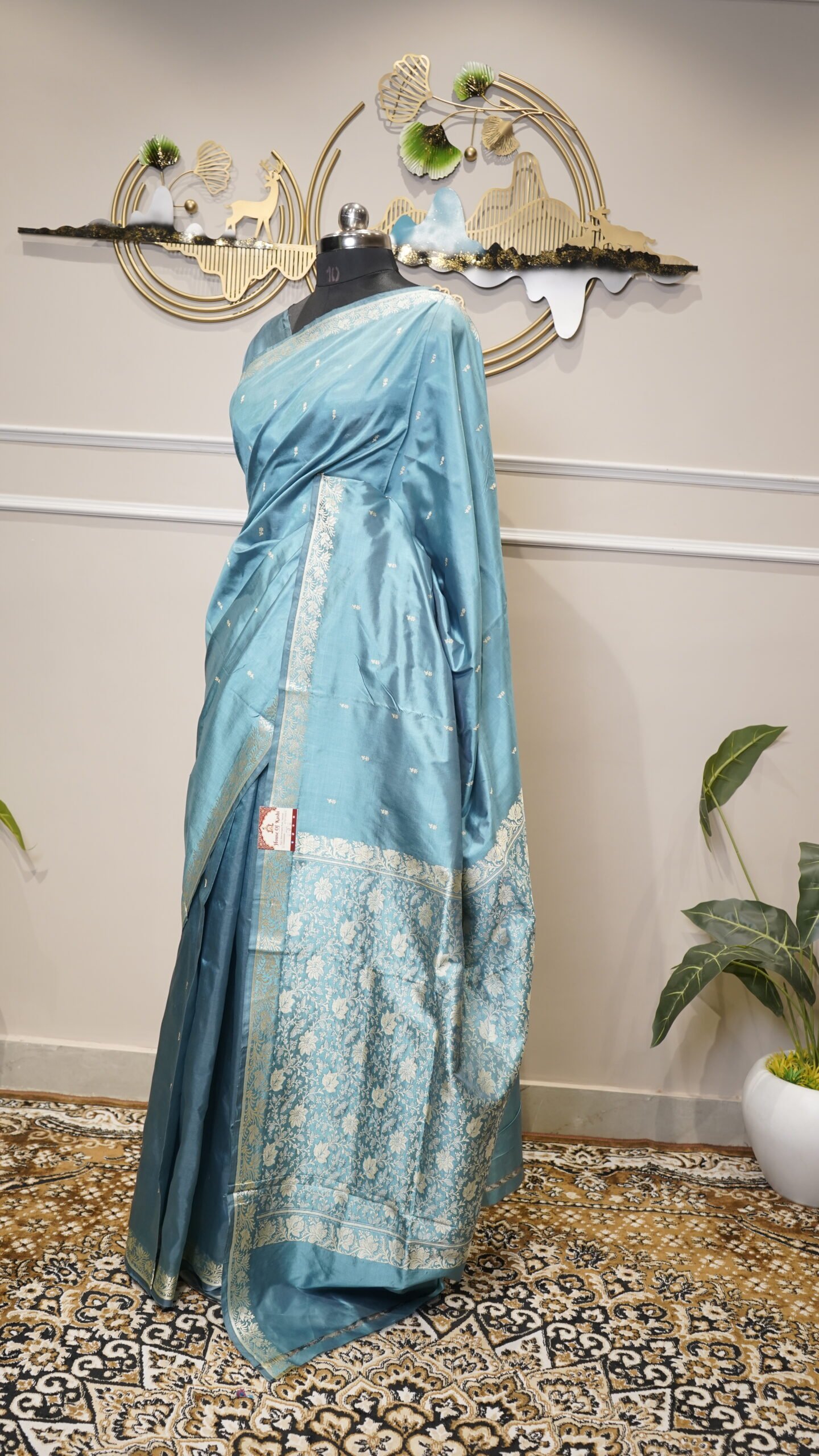 Sky Blue Banarasi Silk Saree with Silver Zari Floral Border - Image 3