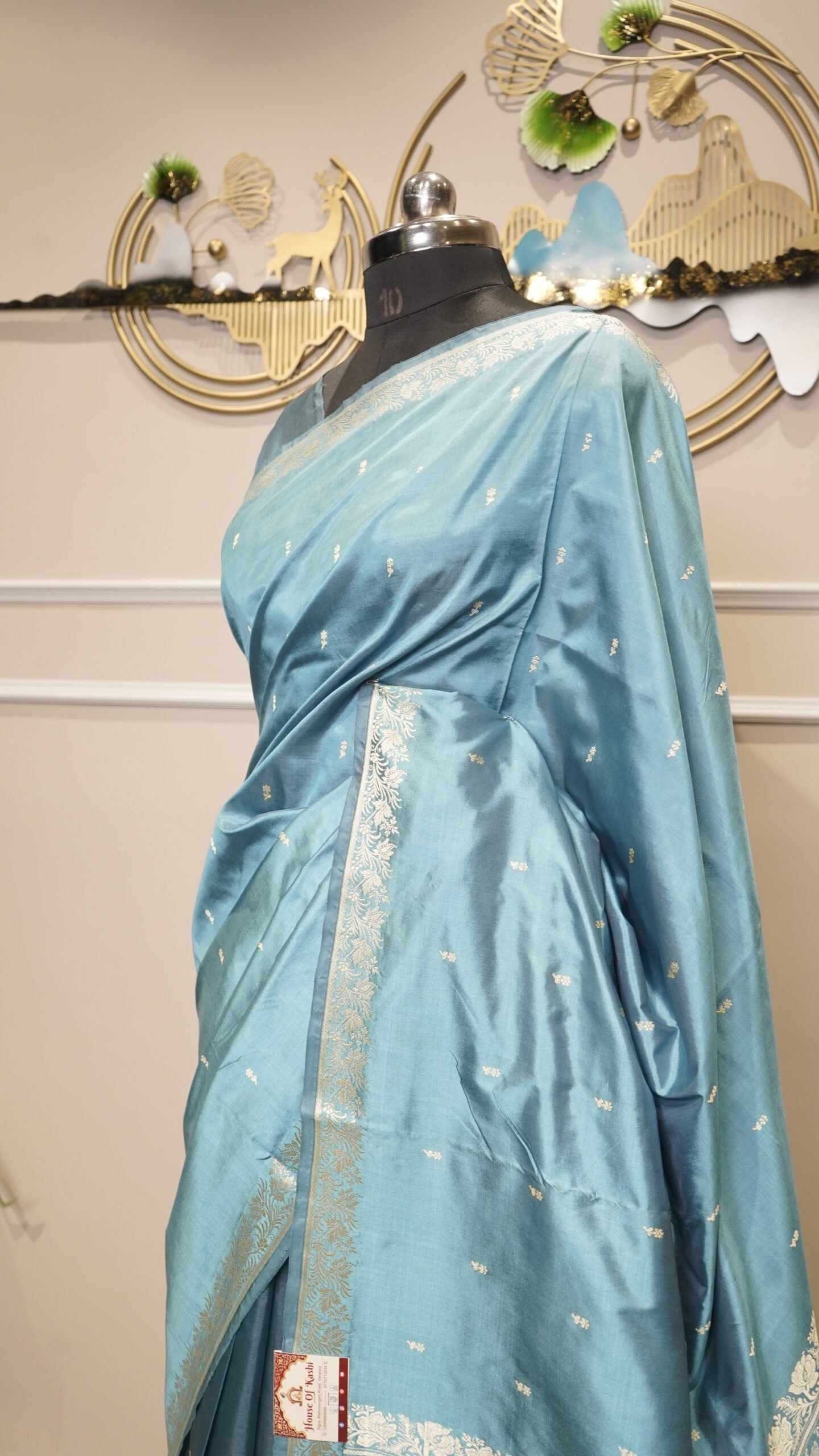 Sky Blue Banarasi Silk Saree with Silver Zari Floral Border - Image 5
