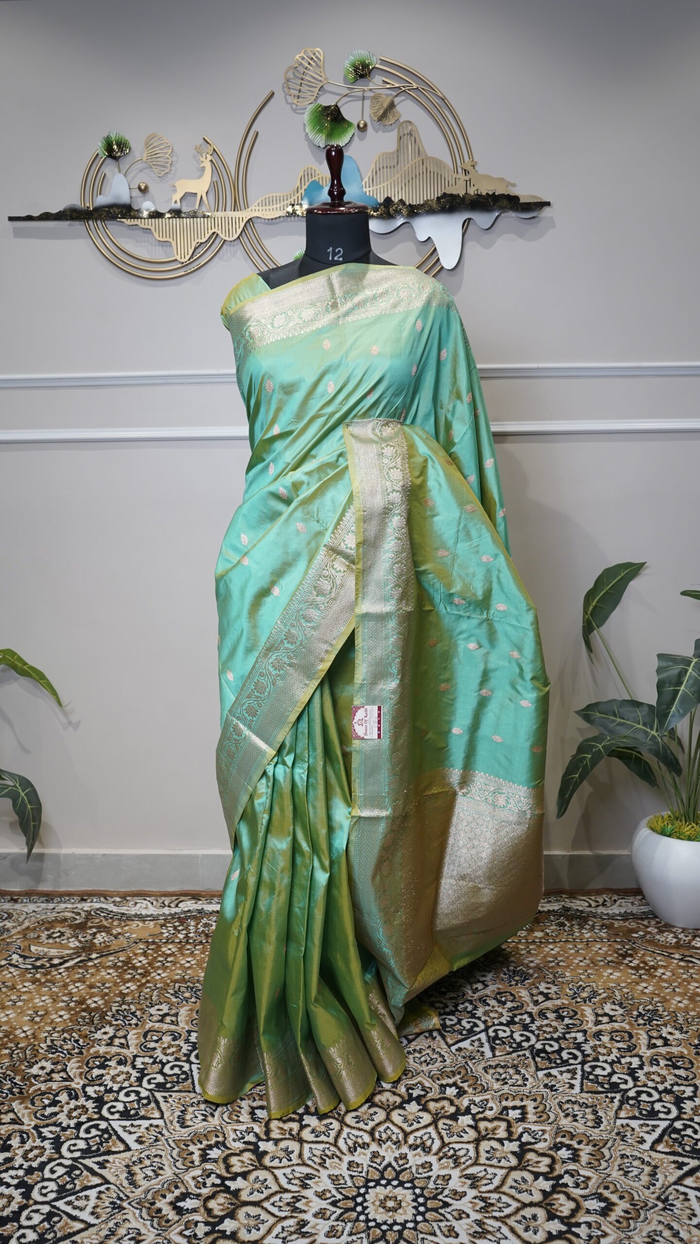 Mint Green Banarasi Silk Saree with Gold Zari Weaving - Image 2