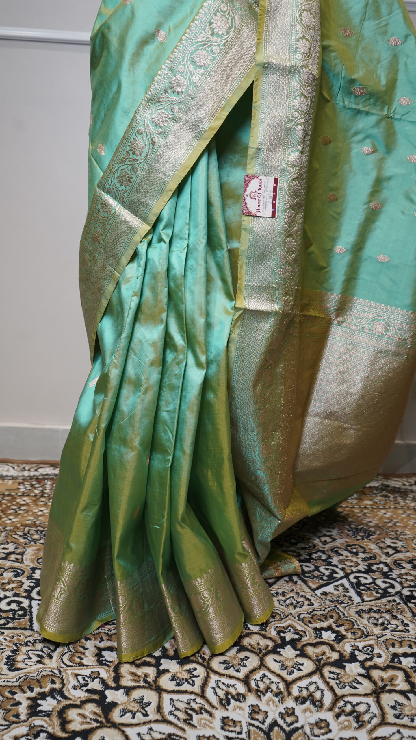 Mint Green Banarasi Silk Saree with Gold Zari Weaving - Image 5