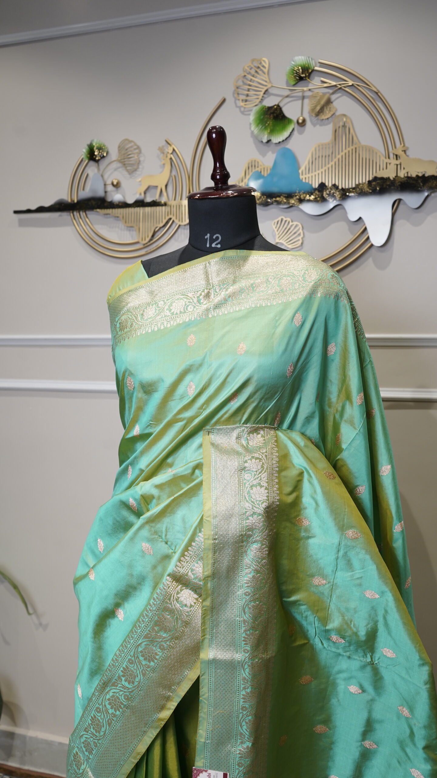 Mint Green Banarasi Silk Saree with Gold Zari Weaving - Image 4
