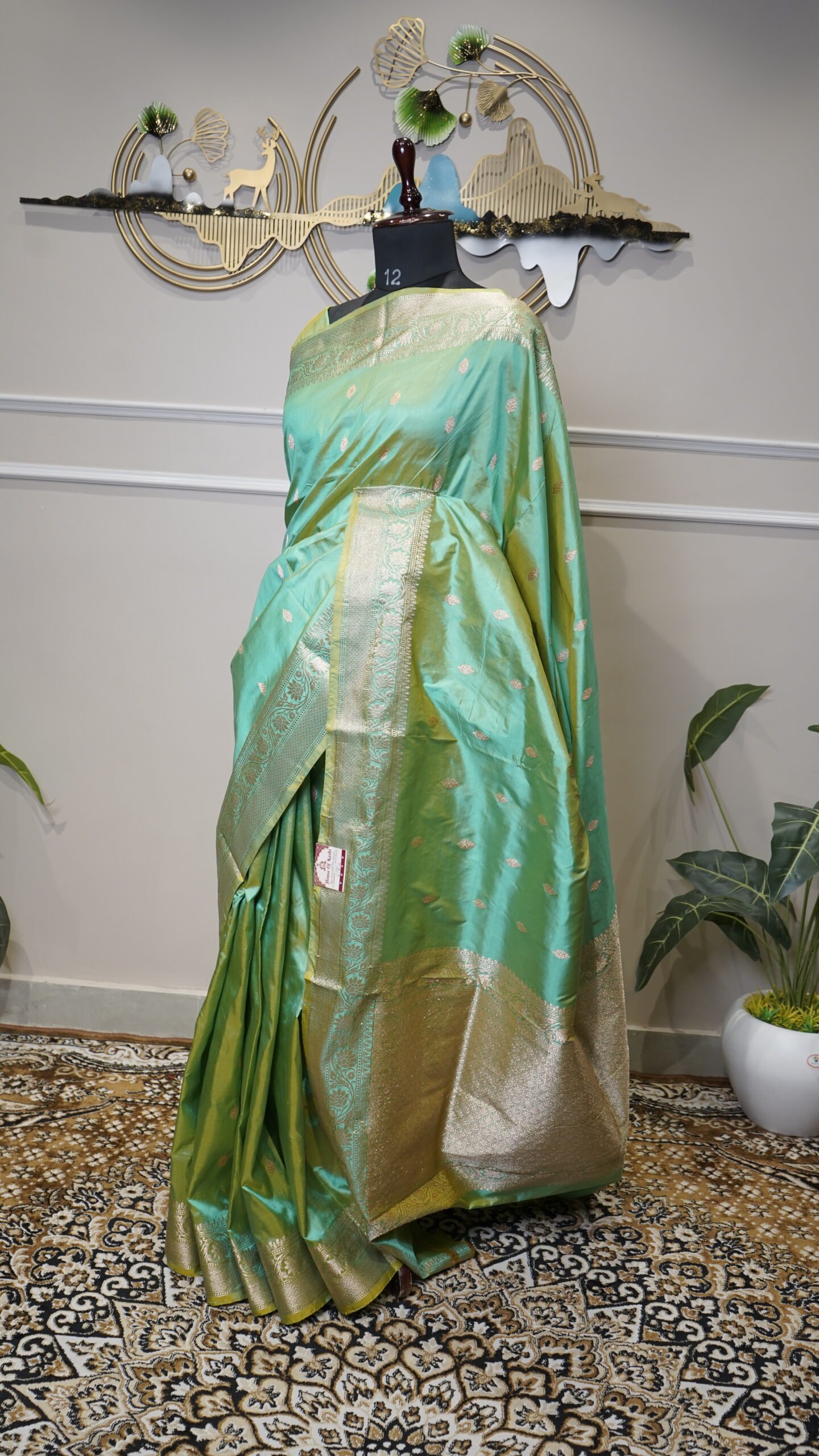 Mint Green Banarasi Silk Saree with Gold Zari Weaving - Image 3