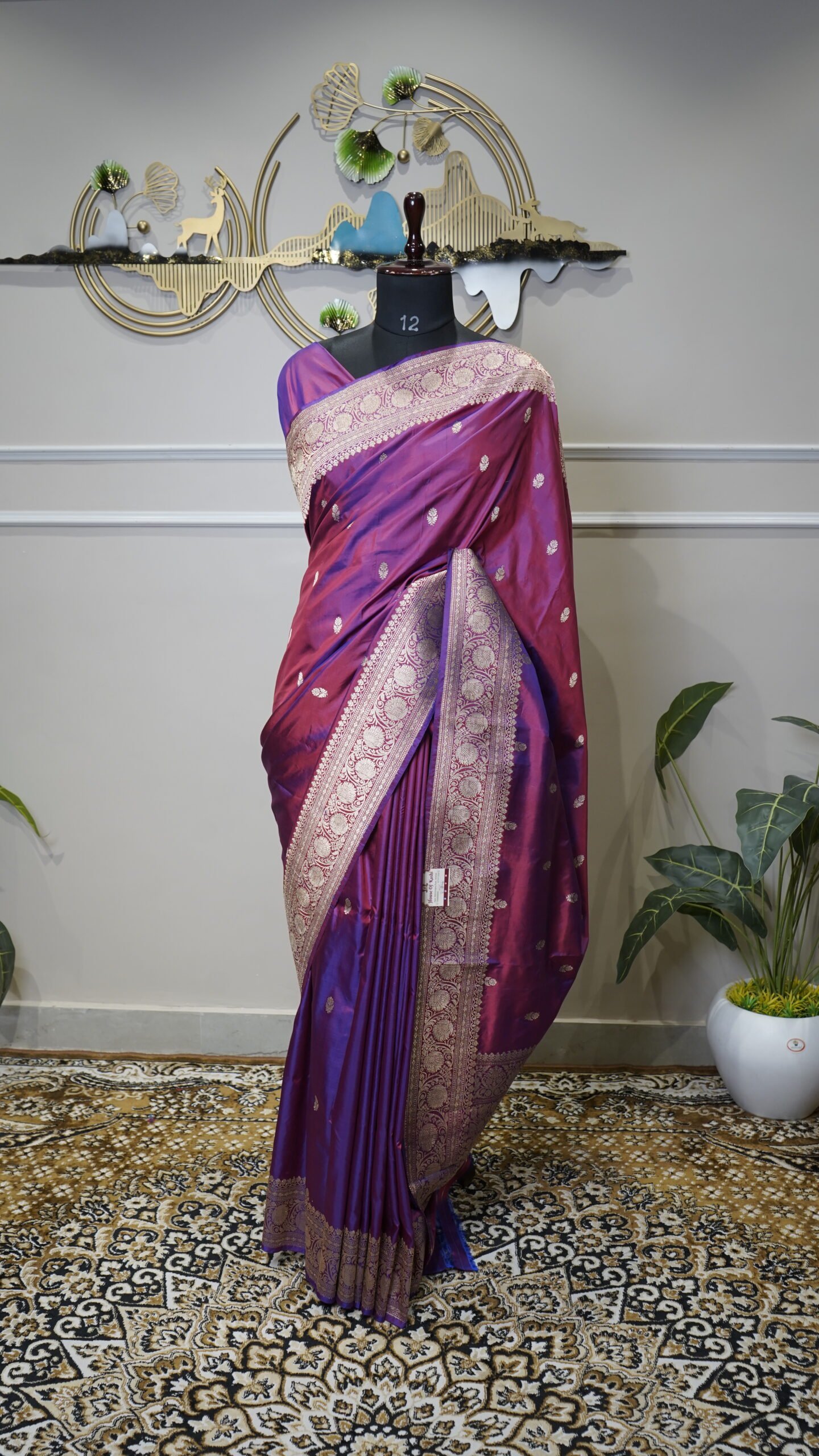 Royal Magenta Banarasi Silk Saree with Silver Zari Border - Image 2