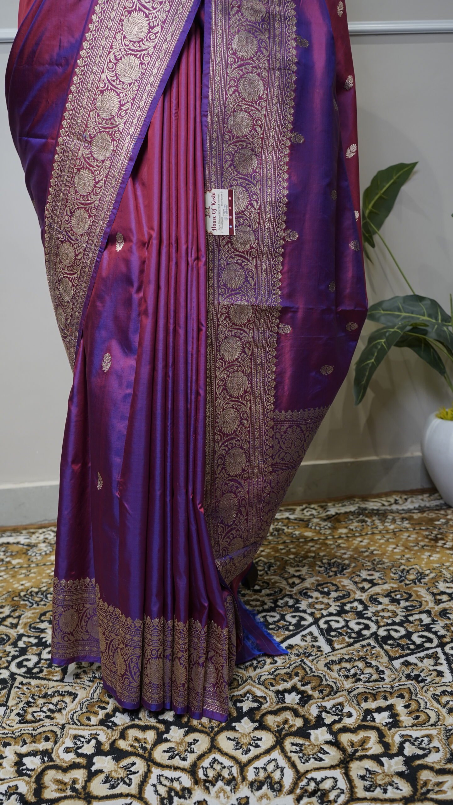 Royal Magenta Banarasi Silk Saree with Silver Zari Border - Image 5