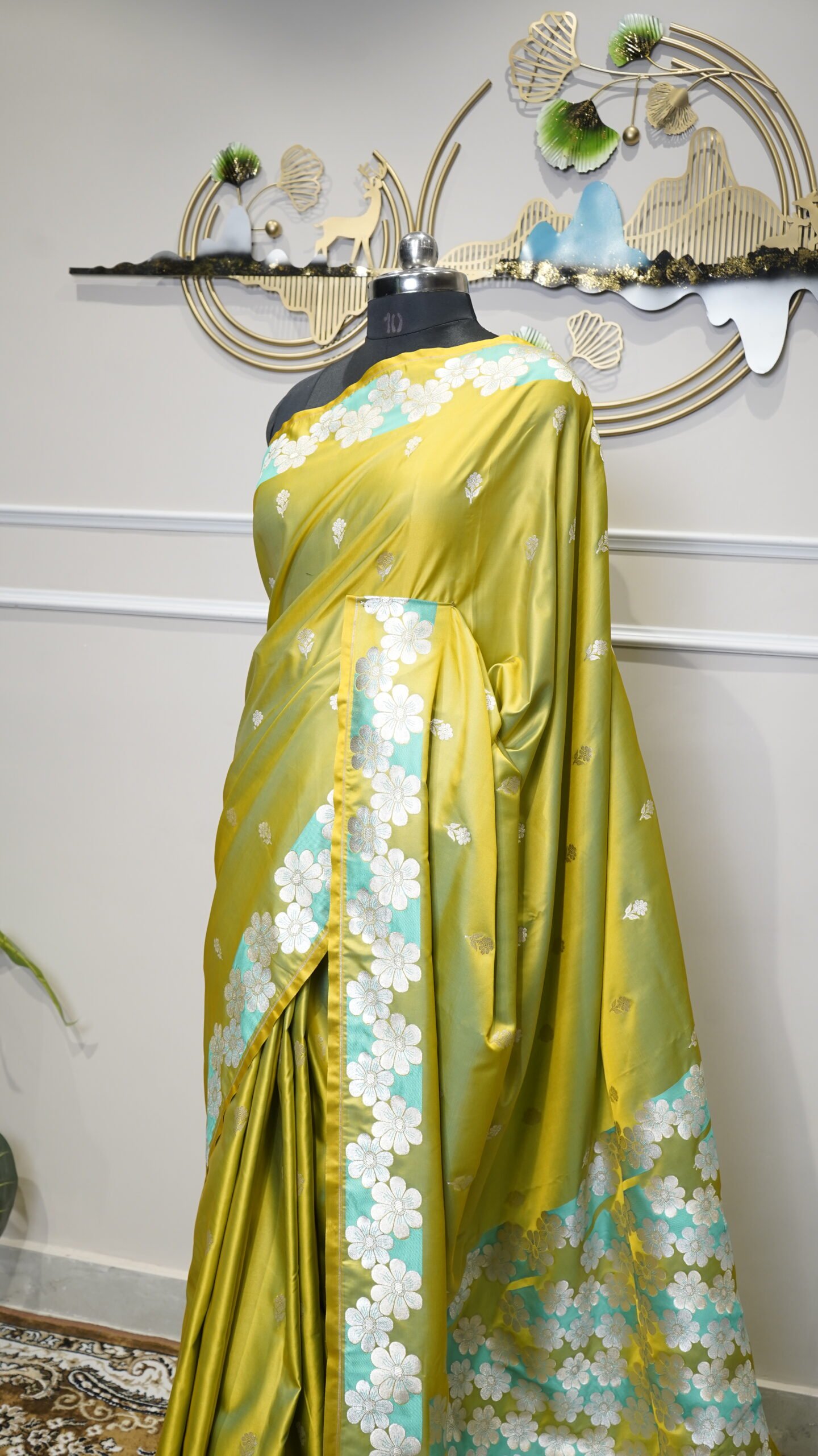 Lime Yellow Banarasi Silk Saree with Floral Silver Zari Weaving - Image 3