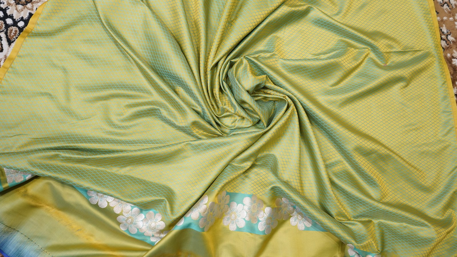 Lime Yellow Banarasi Silk Saree with Floral Silver Zari Weaving - Image 6