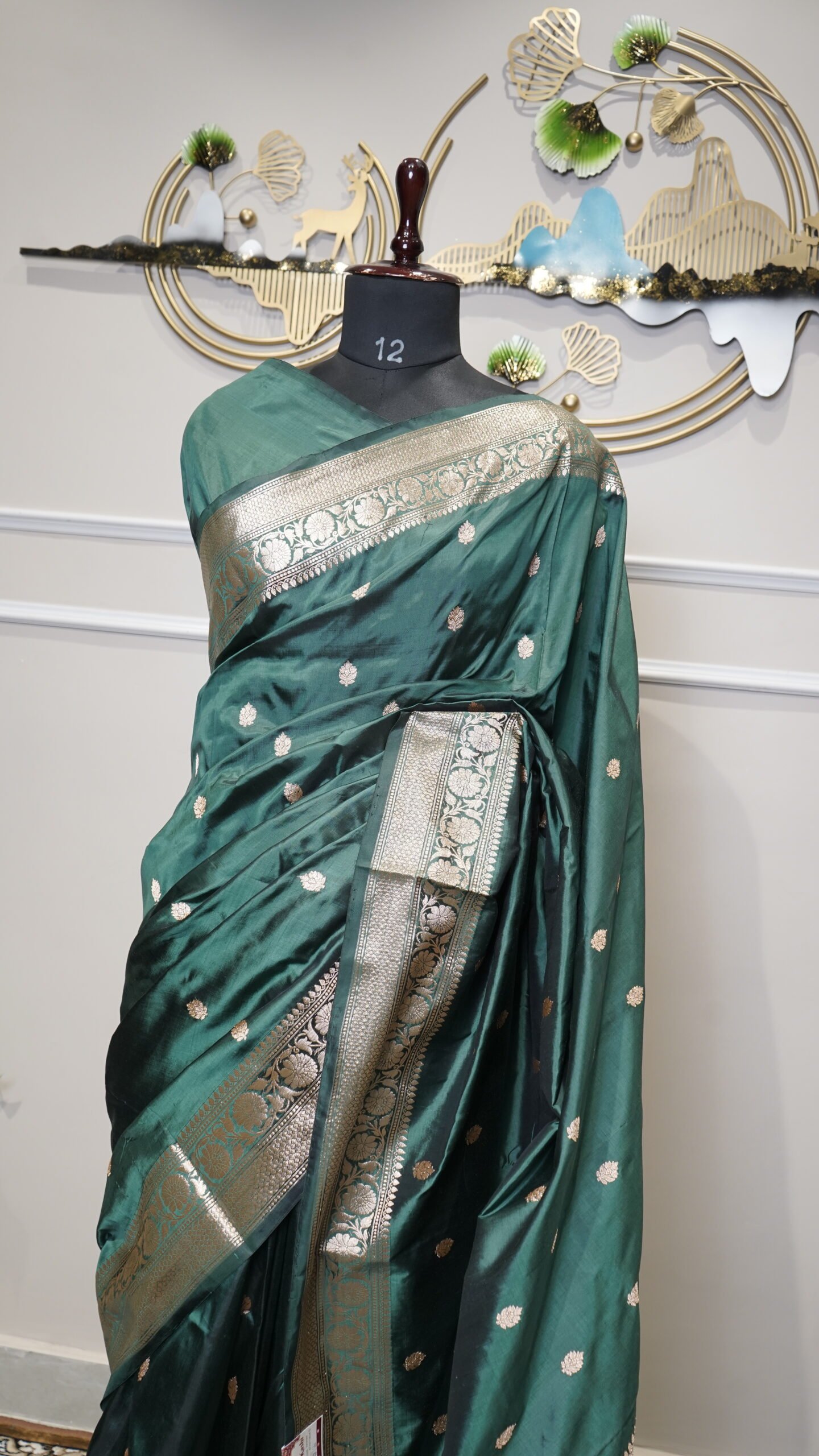 Emerald Green Banarasi Silk Saree with Silver Zari Border - Image 3