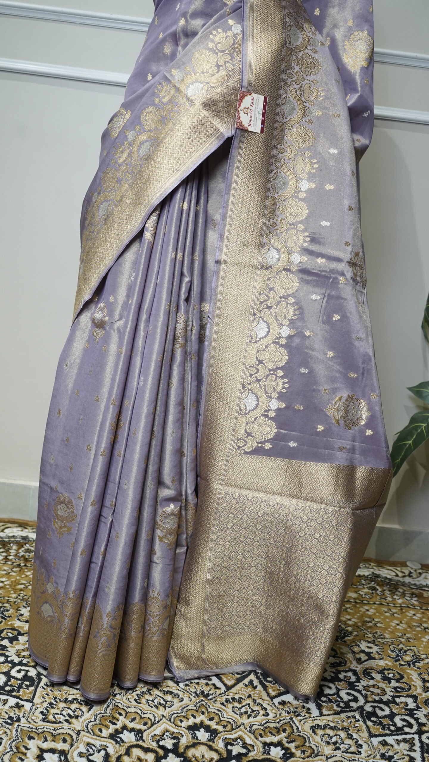 Lavender Mist Banarasi Silk Saree with Gold Zari Border - Image 5