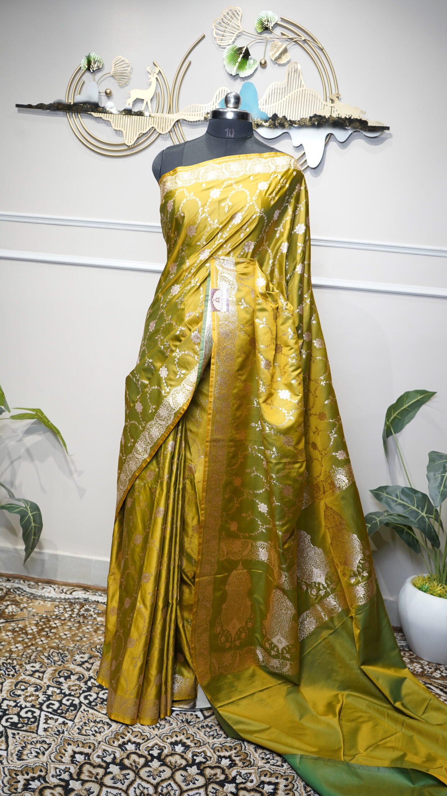 Olive Green & Mustard Banarasi Zari Woven Saree - Image 2