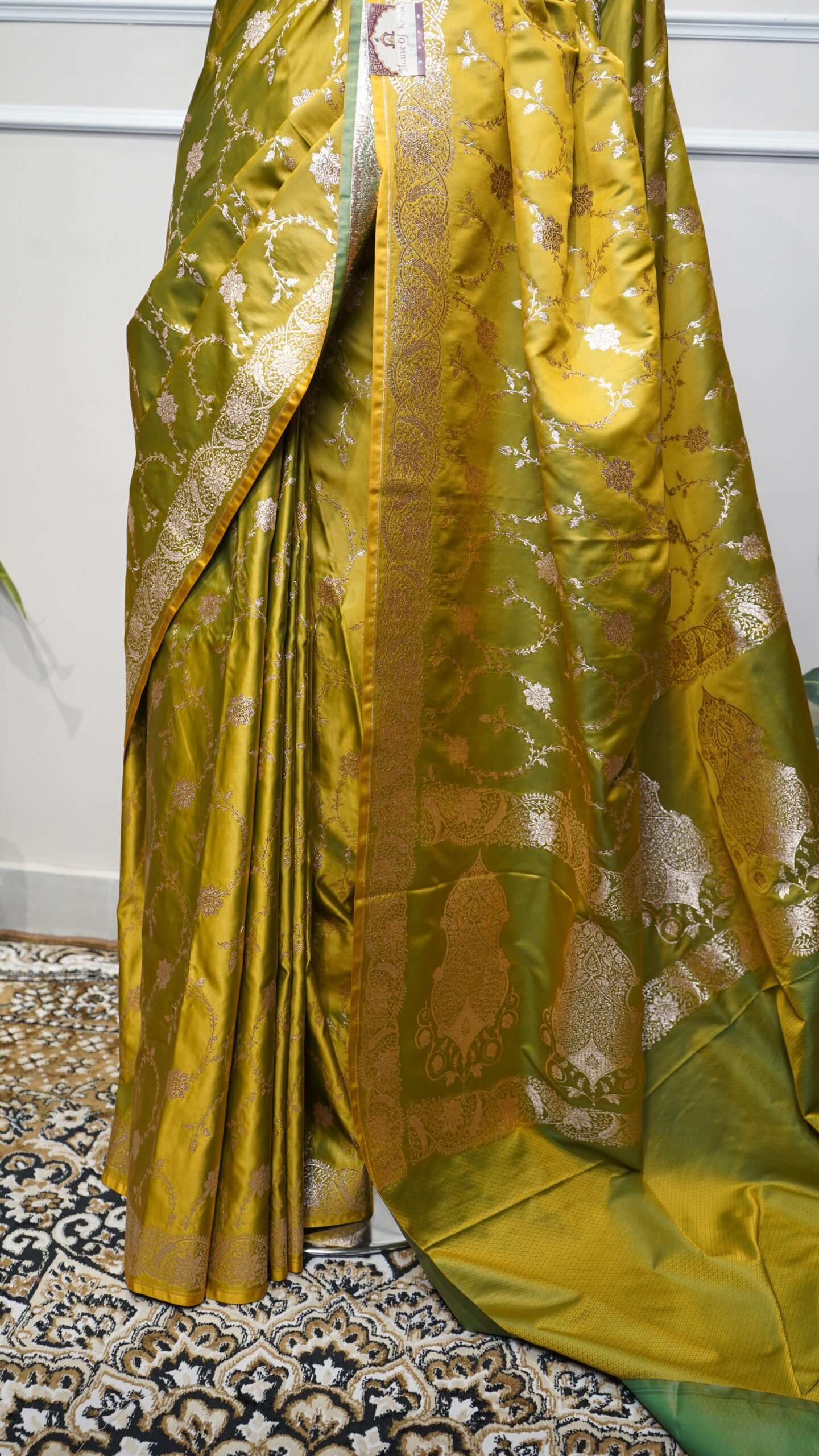 Olive Green & Mustard Banarasi Zari Woven Saree - Image 3