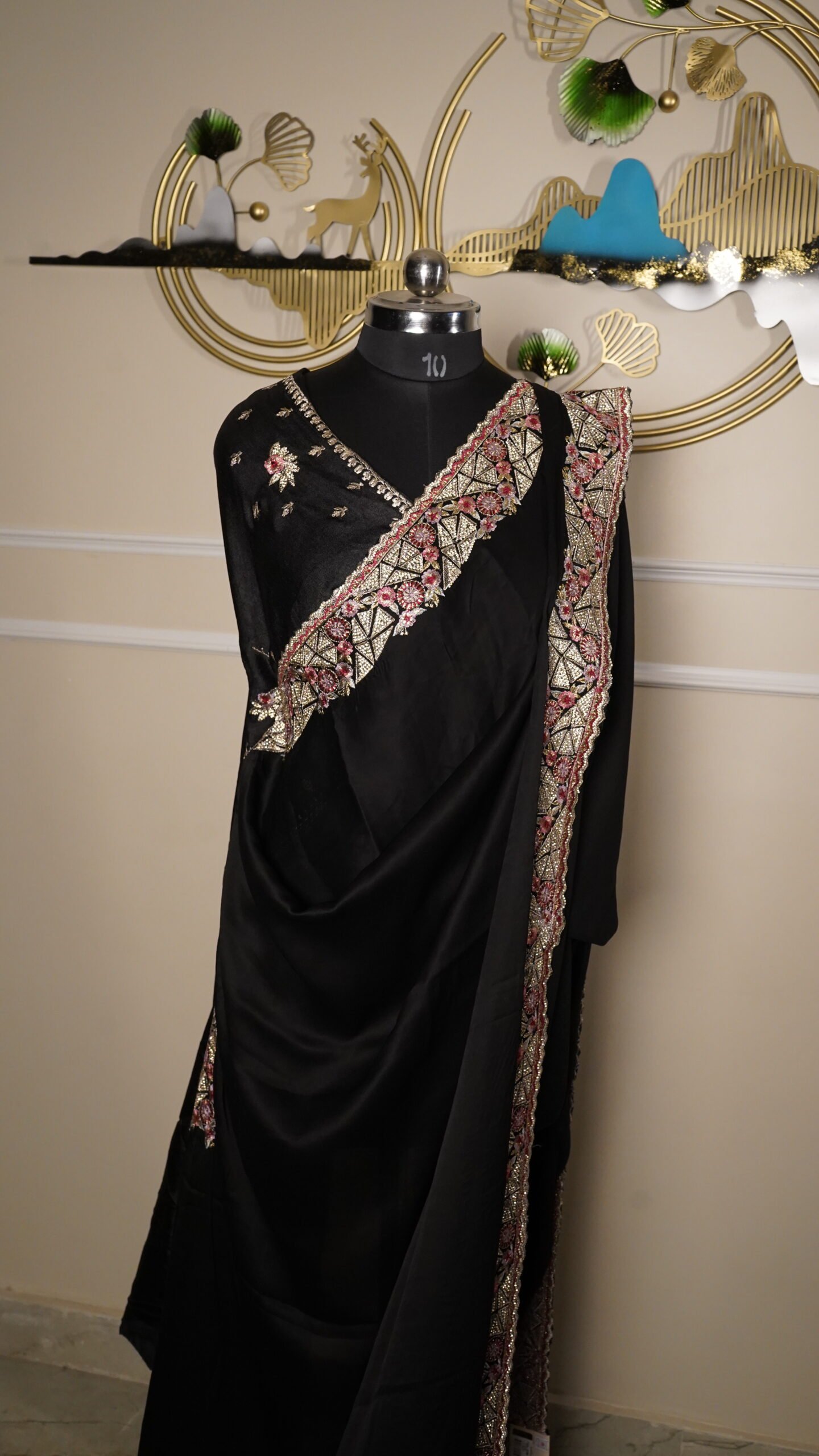 Midnight Black Designer Silk Saree with Heavy Embroidered Border - Image 2