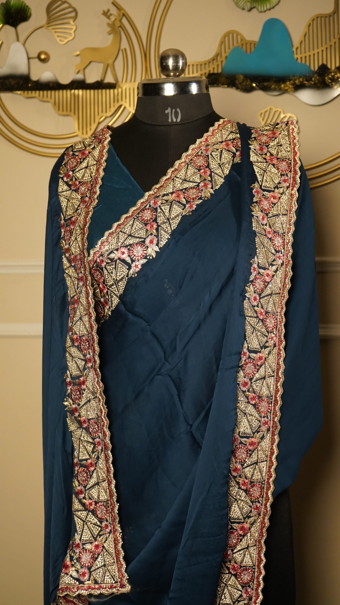Royal Teal Blue Designer Silk Saree with Heavy Embroidered Border - Image 2