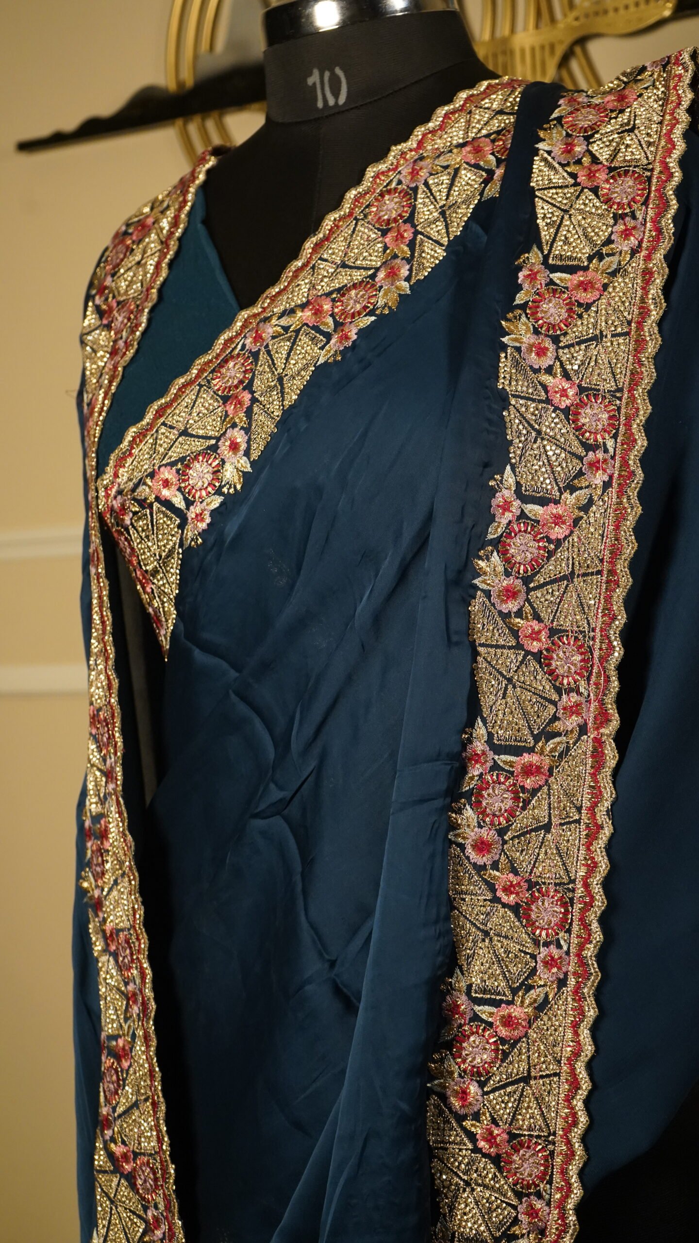 Royal Teal Blue Designer Silk Saree with Heavy Embroidered Border - Image 6