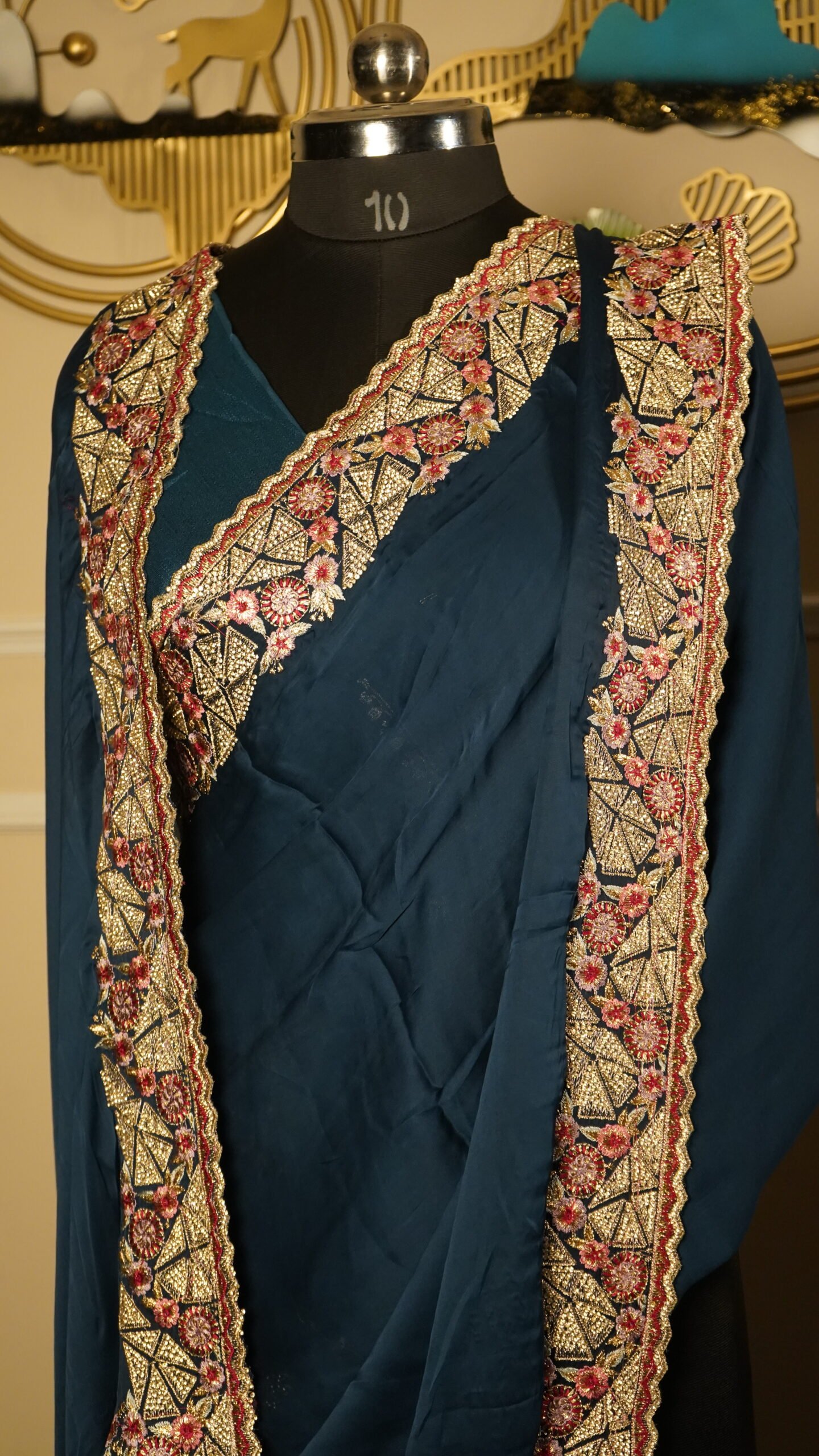 Royal Teal Blue Designer Silk Saree with Heavy Embroidered Border - Image 3