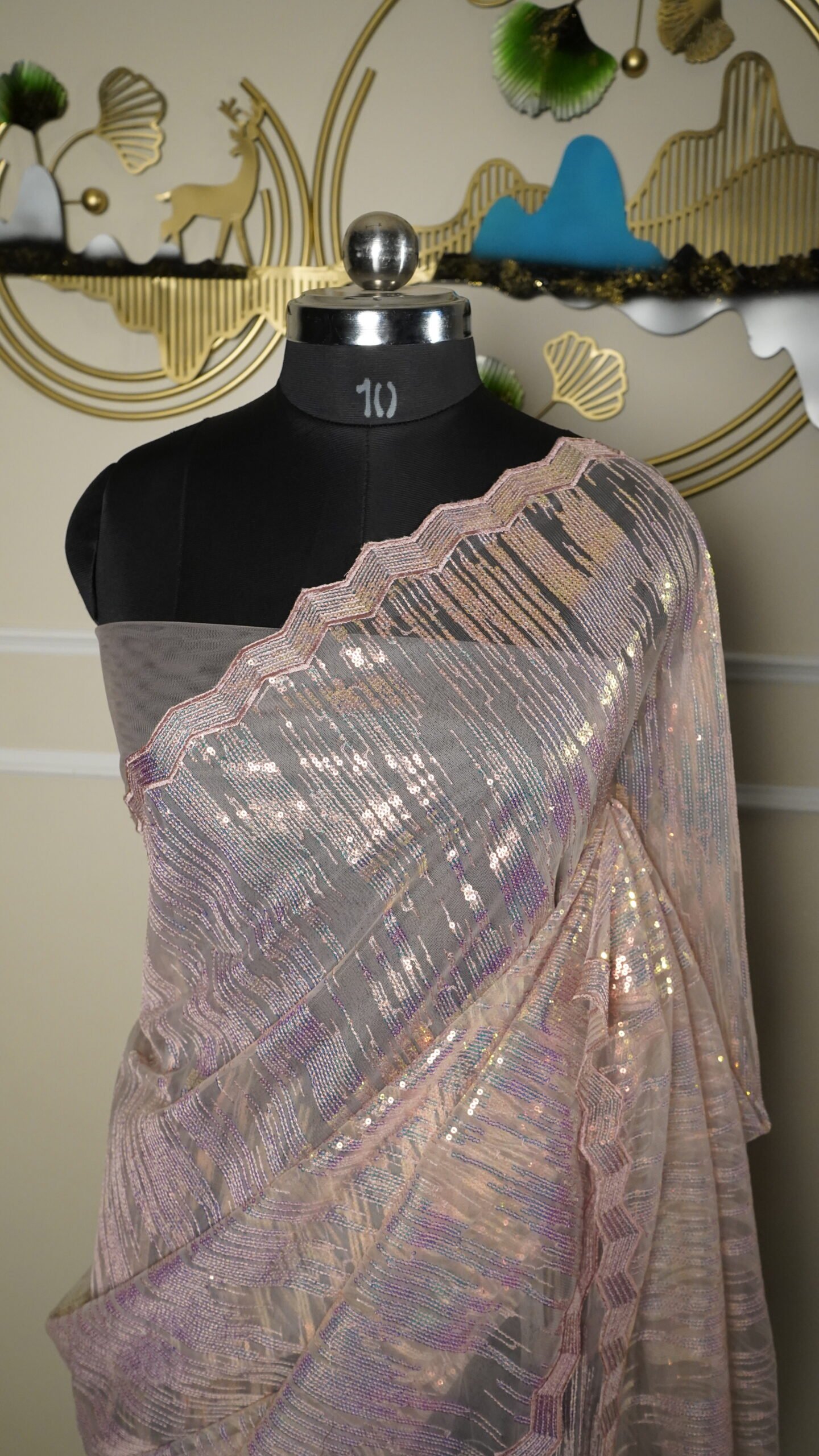 Blush Pink Iridescent Sequin Designer Saree - Image 3