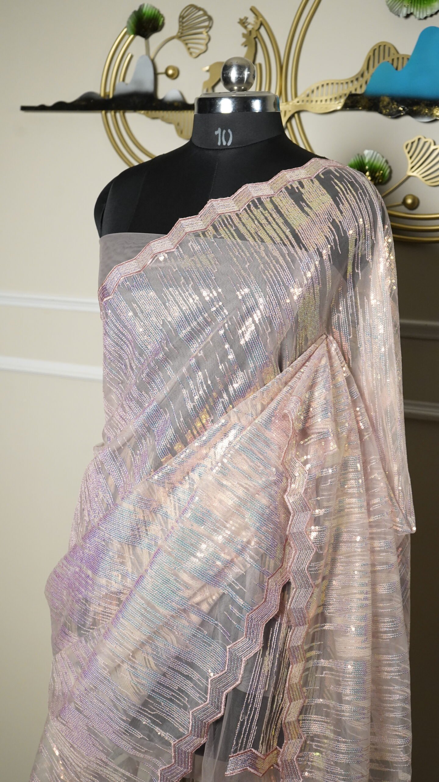 Blush Pink Iridescent Sequin Designer Saree - Image 7