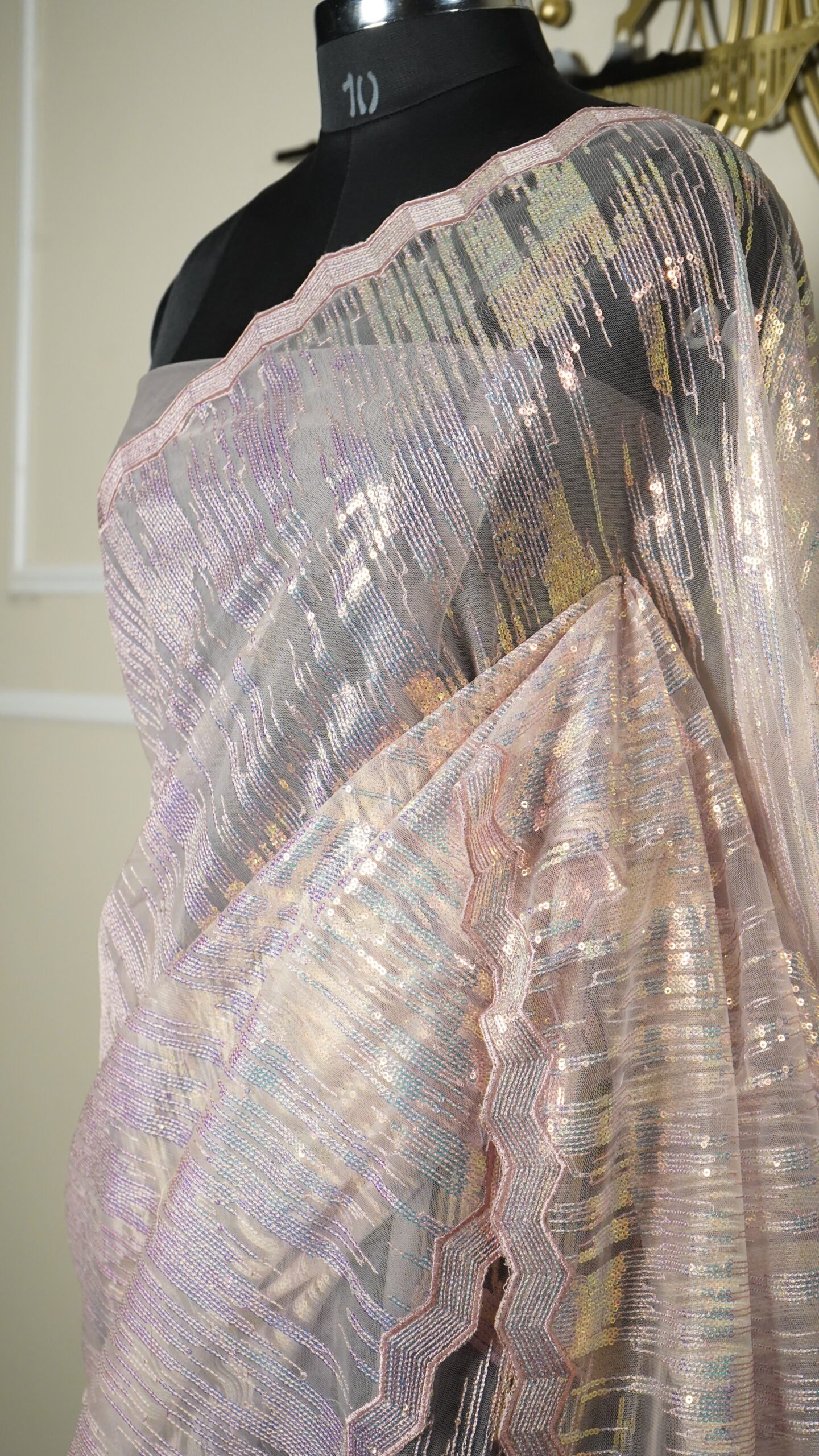 Blush Pink Iridescent Sequin Designer Saree - Image 6