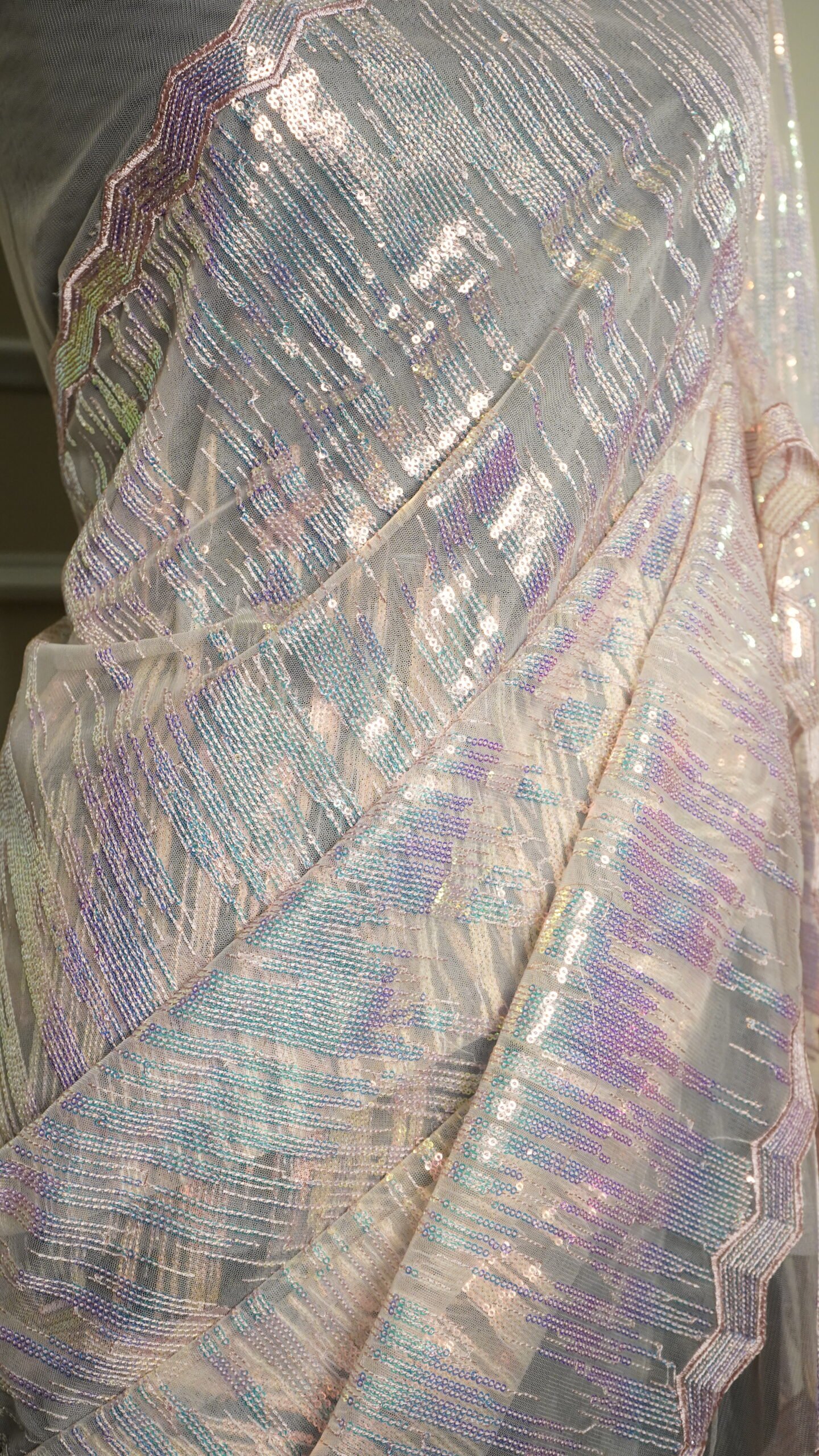 Blush Pink Iridescent Sequin Designer Saree - Image 5