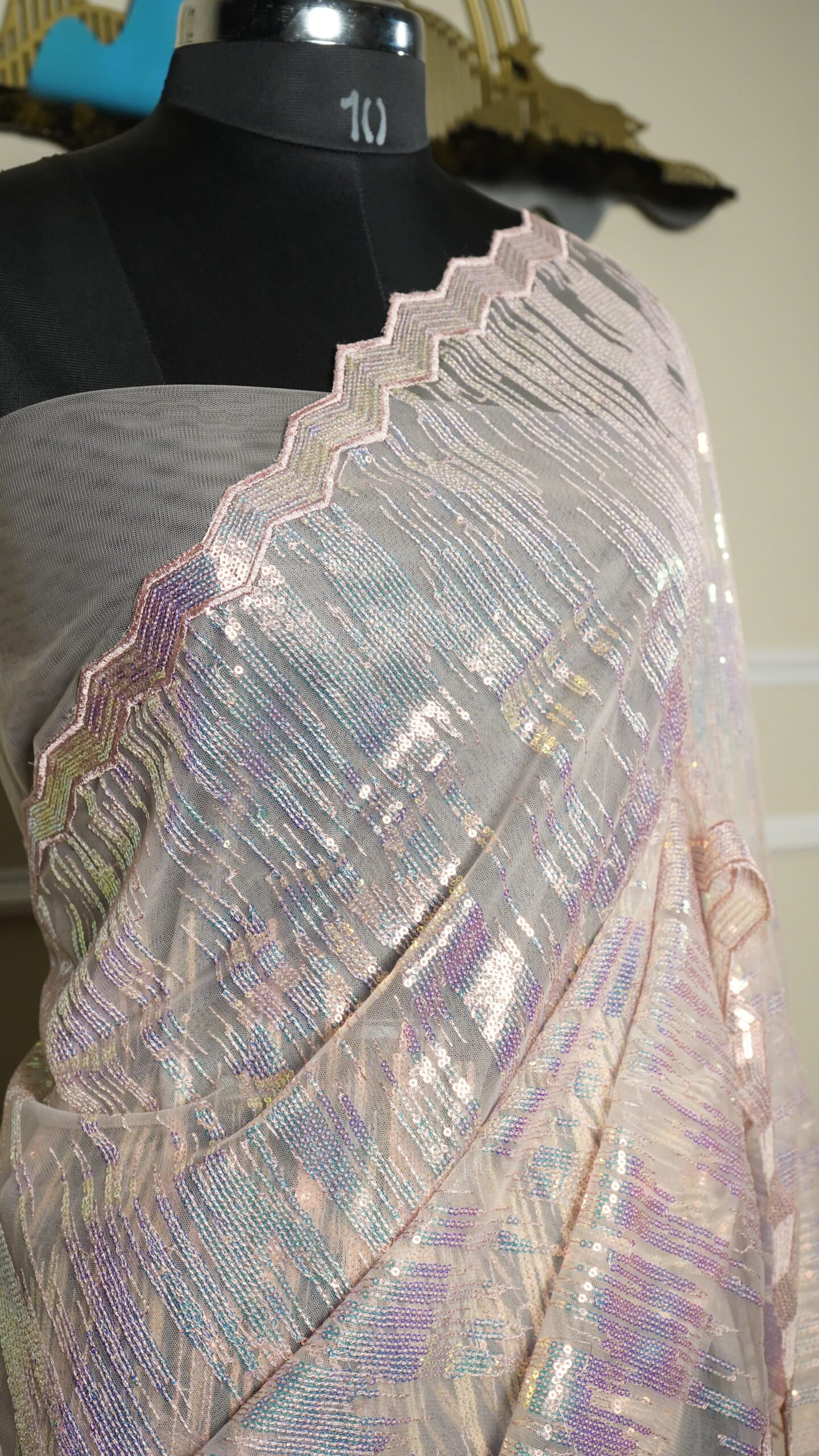 Blush Pink Iridescent Sequin Designer Saree - Image 4