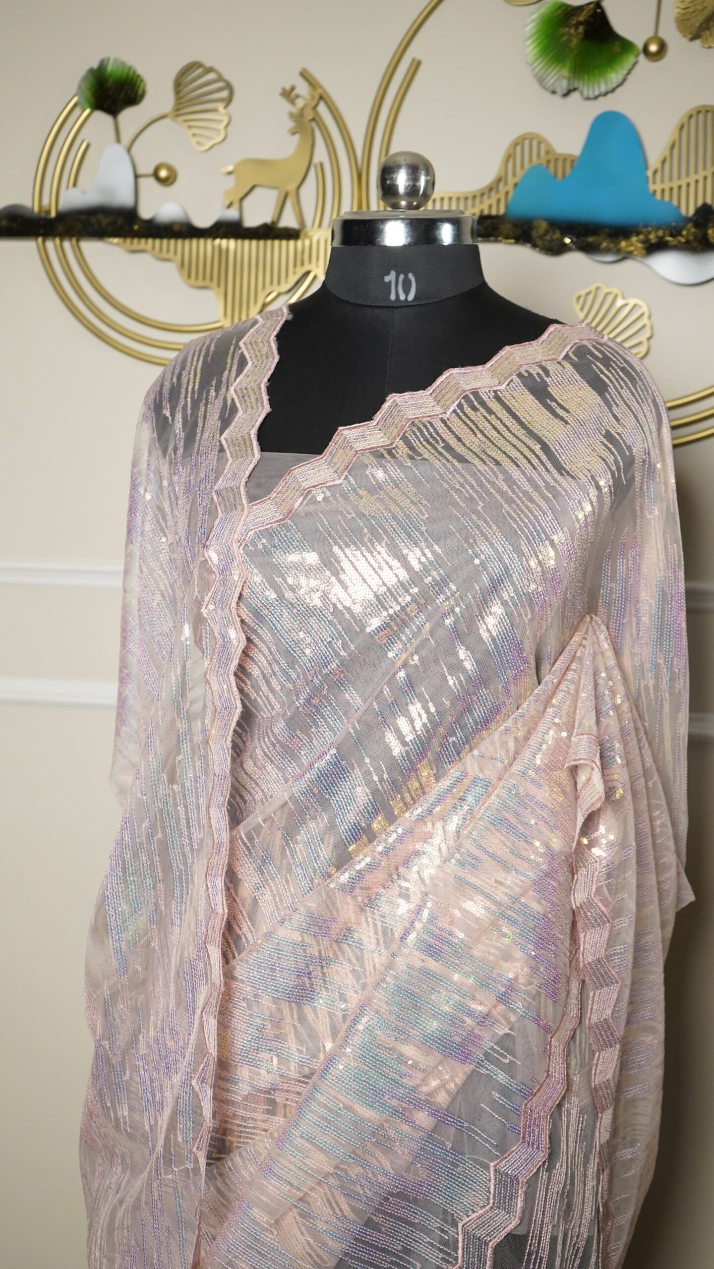 Blush Pink Iridescent Sequin Designer Saree - Image 2