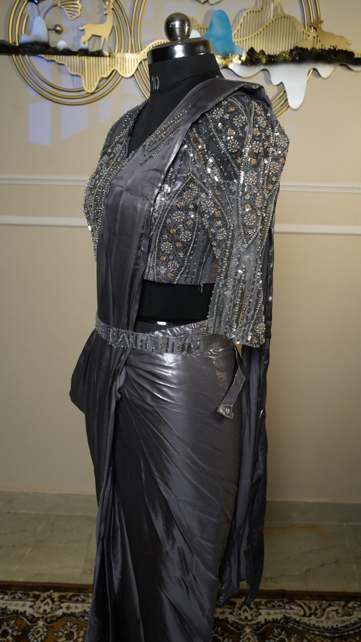 Steel Grey Ready-to-Wear Designer Saree - Image 4