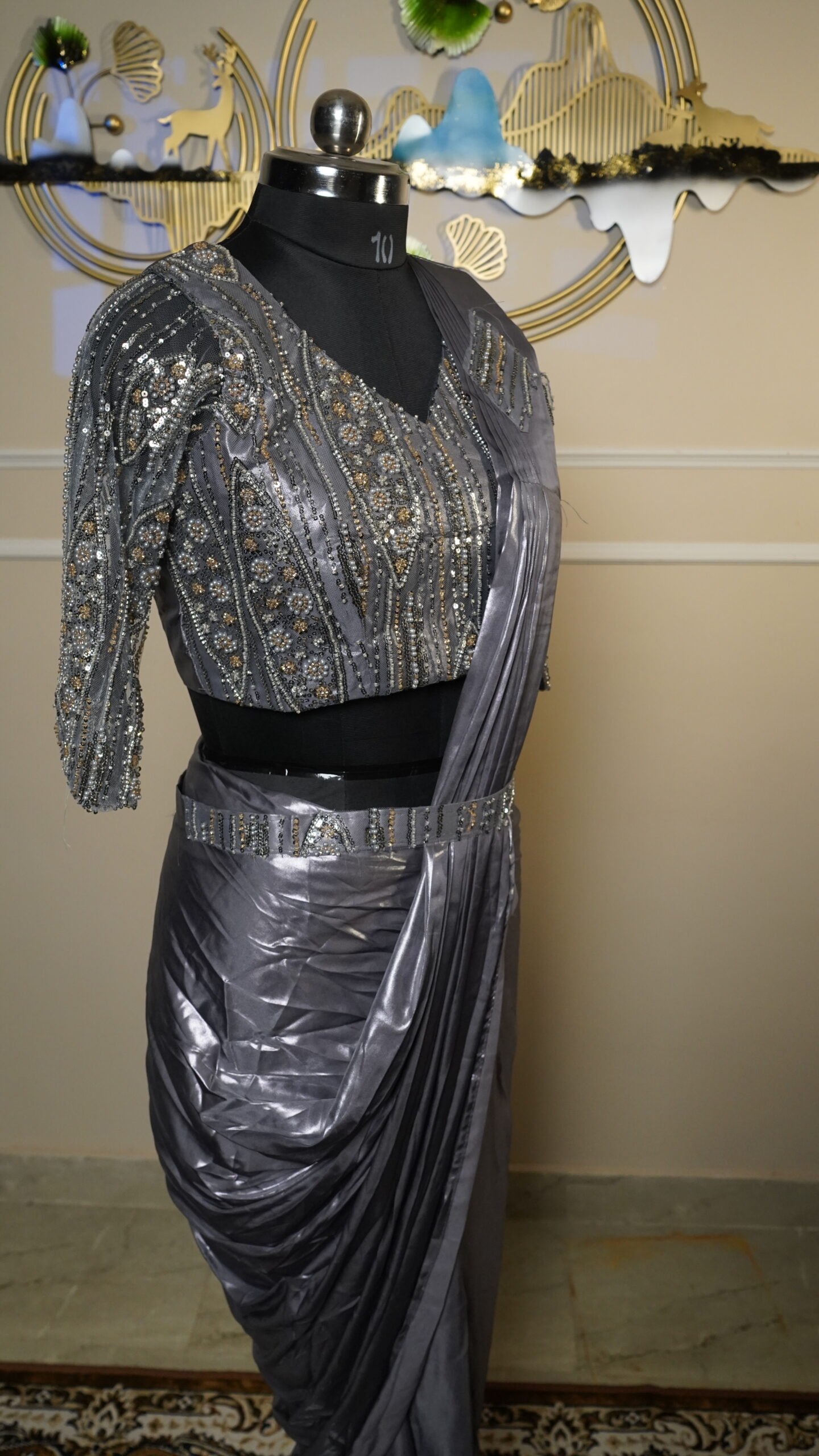 Steel Grey Ready-to-Wear Designer Saree - Image 3