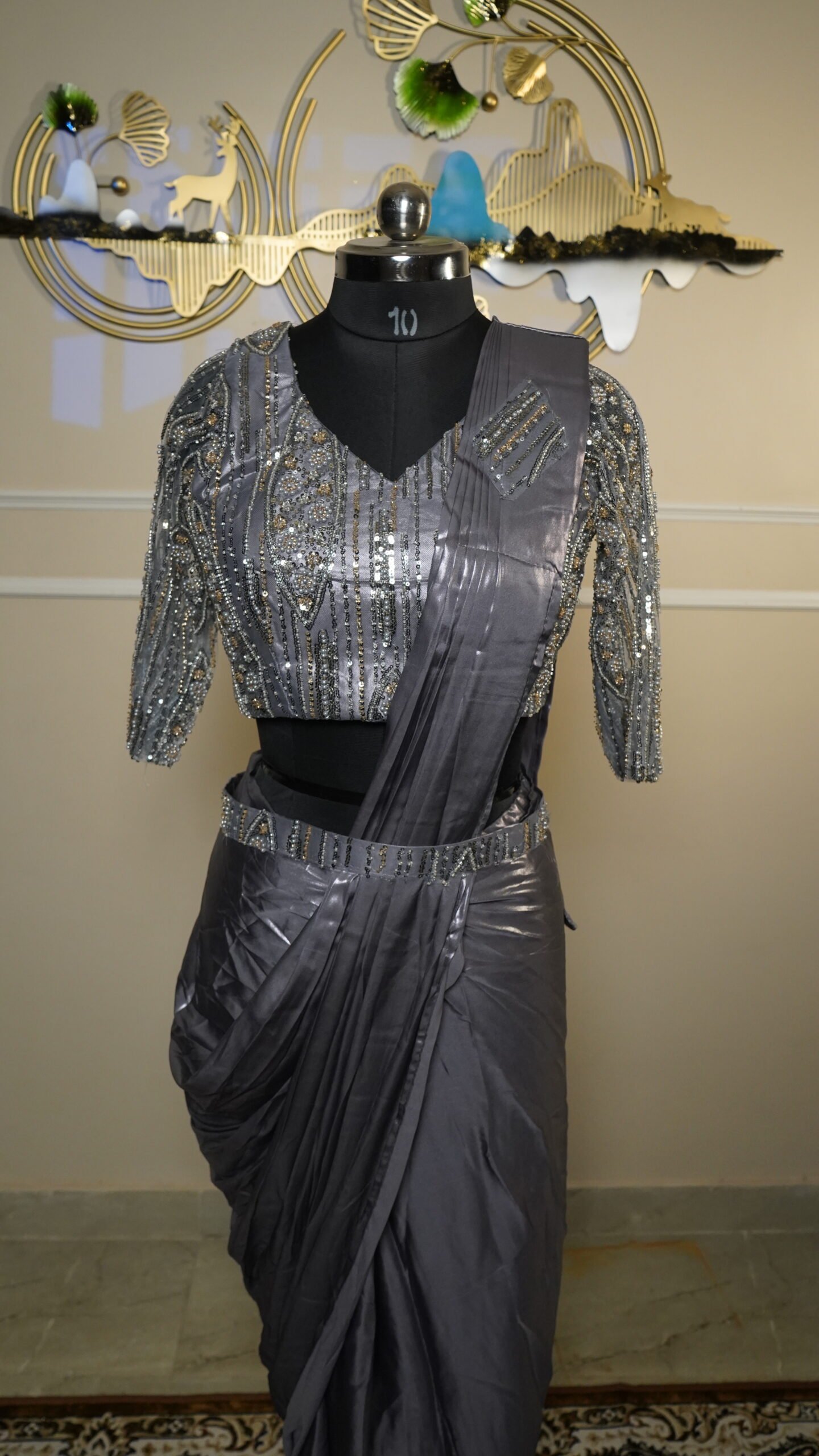 Steel Grey Ready-to-Wear Designer Saree - Image 2