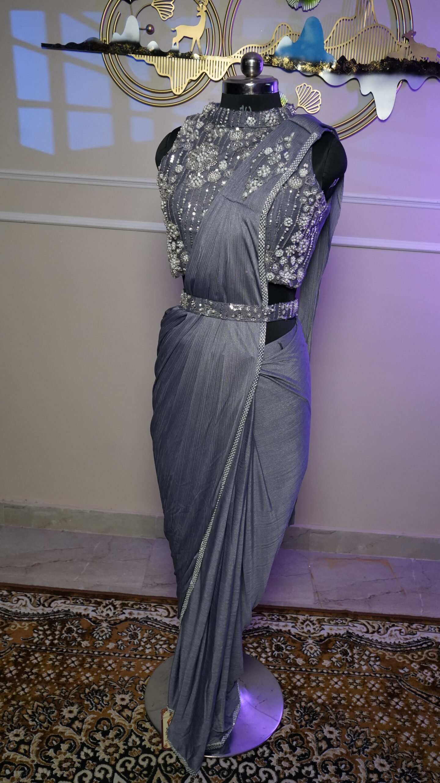 Steel Grey Luxury Ready-to-Wear Designer Saree - Image 2