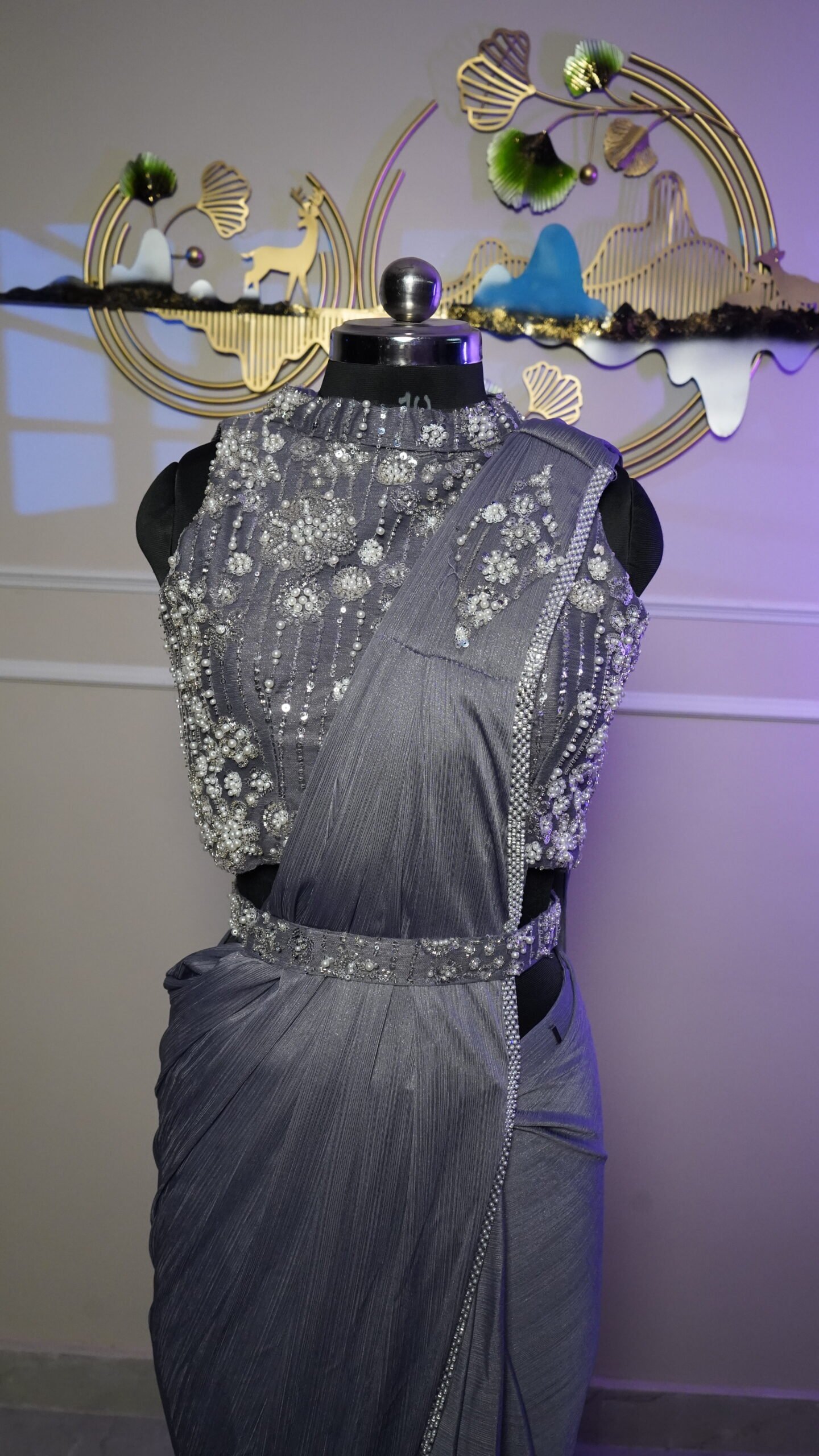 Steel Grey Luxury Ready-to-Wear Designer Saree