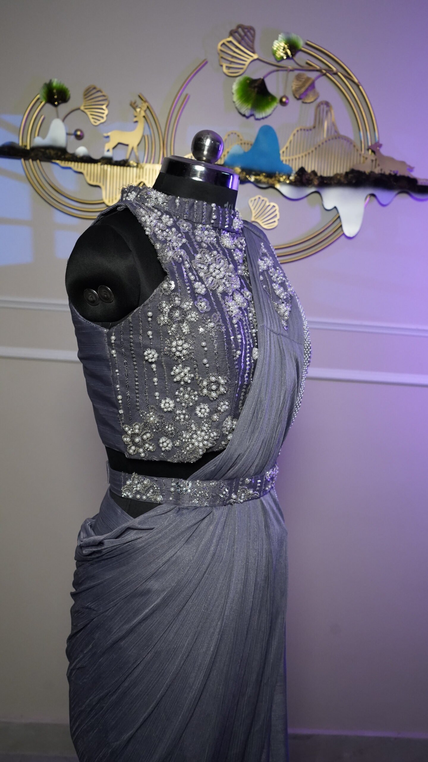 Steel Grey Luxury Ready-to-Wear Designer Saree - Image 4