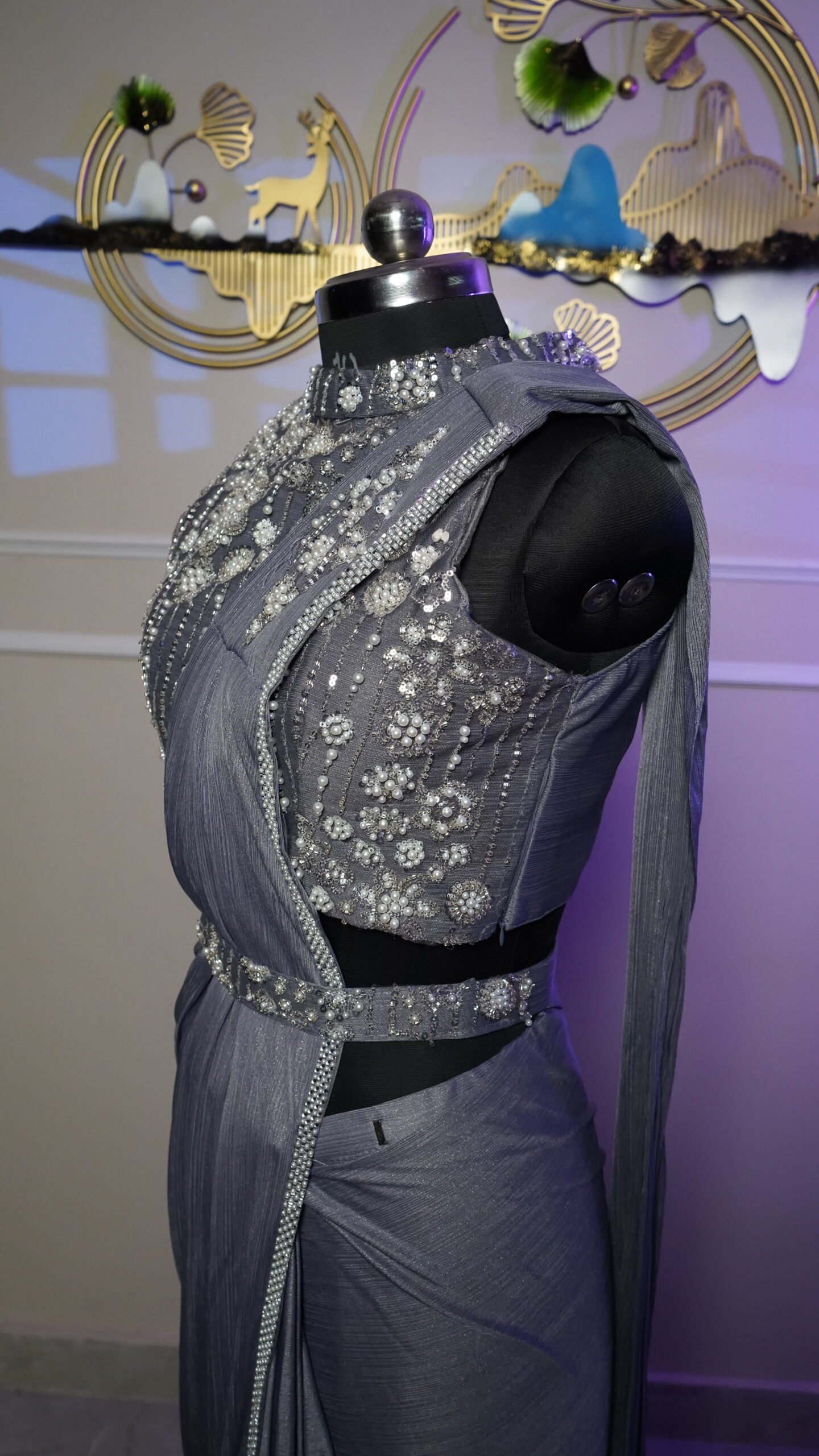 Steel Grey Luxury Ready-to-Wear Designer Saree - Image 3
