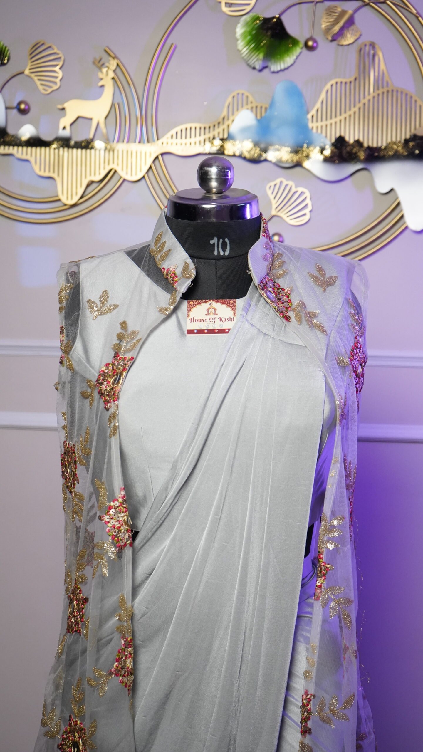 Mint Green Designer Ready-to-Wear Saree with Embroidered Cape
