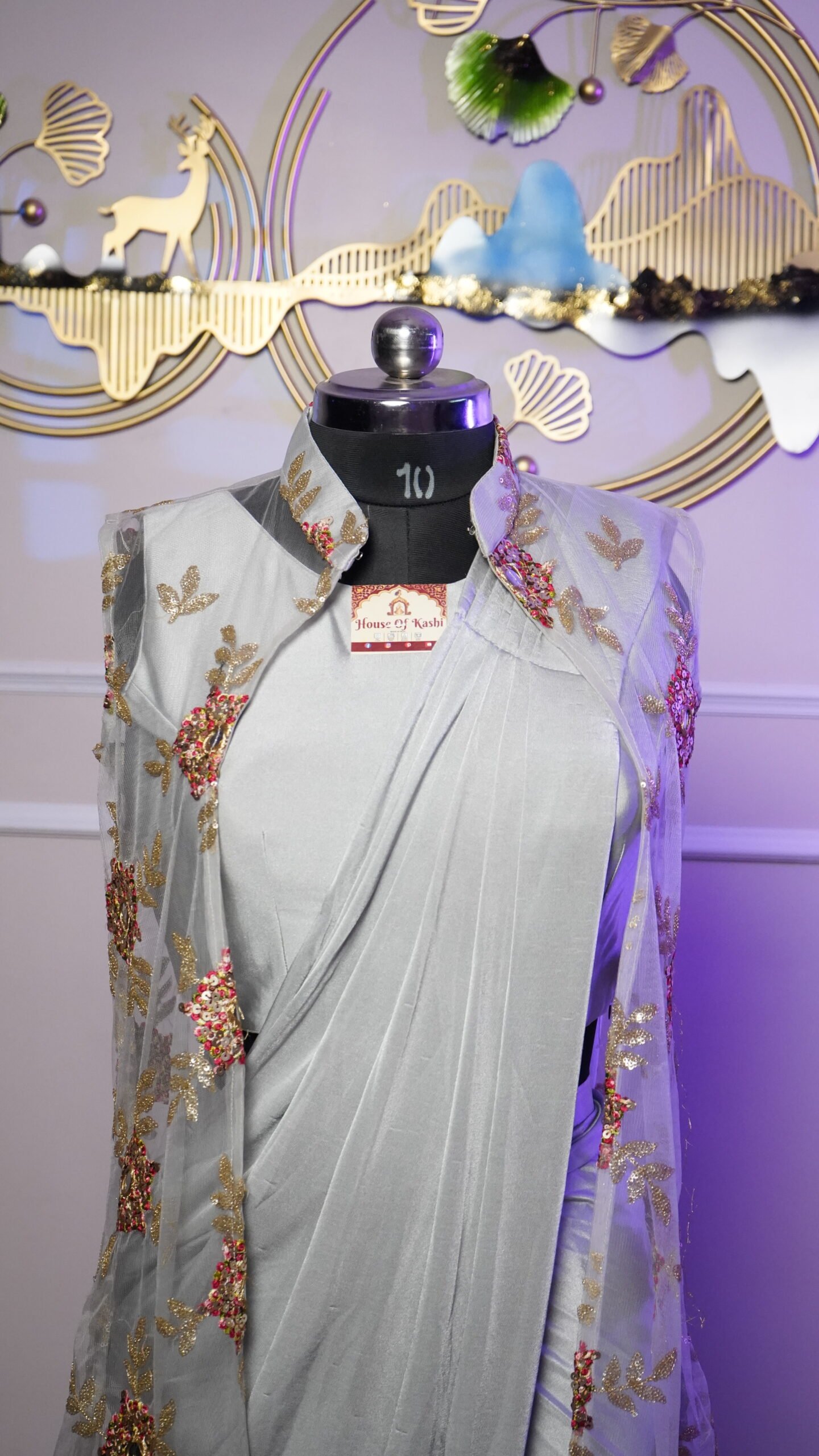 Mint Green Designer Ready-to-Wear Saree with Embroidered Cape - Image 2