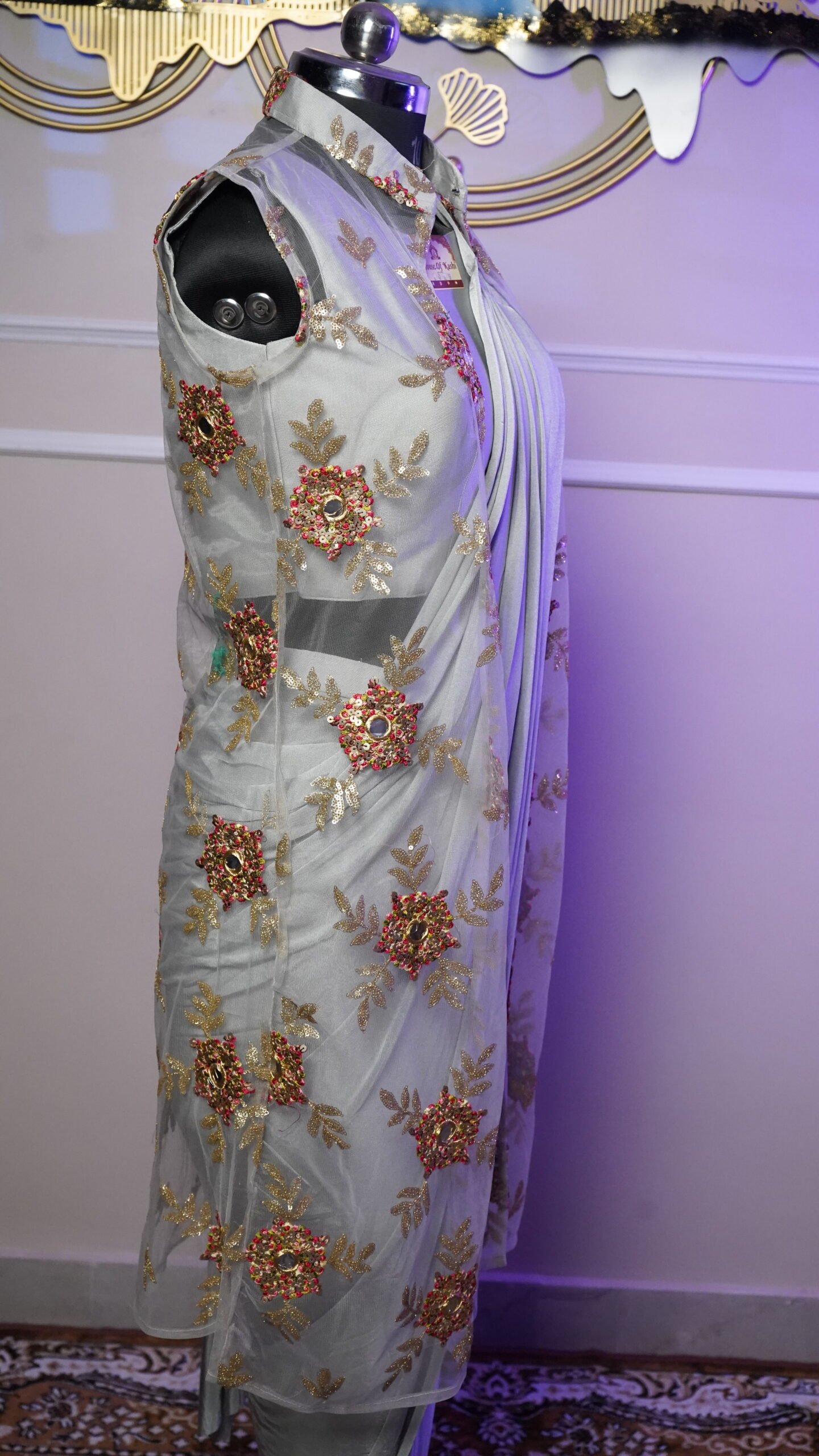 Mint Green Designer Ready-to-Wear Saree with Embroidered Cape - Image 4
