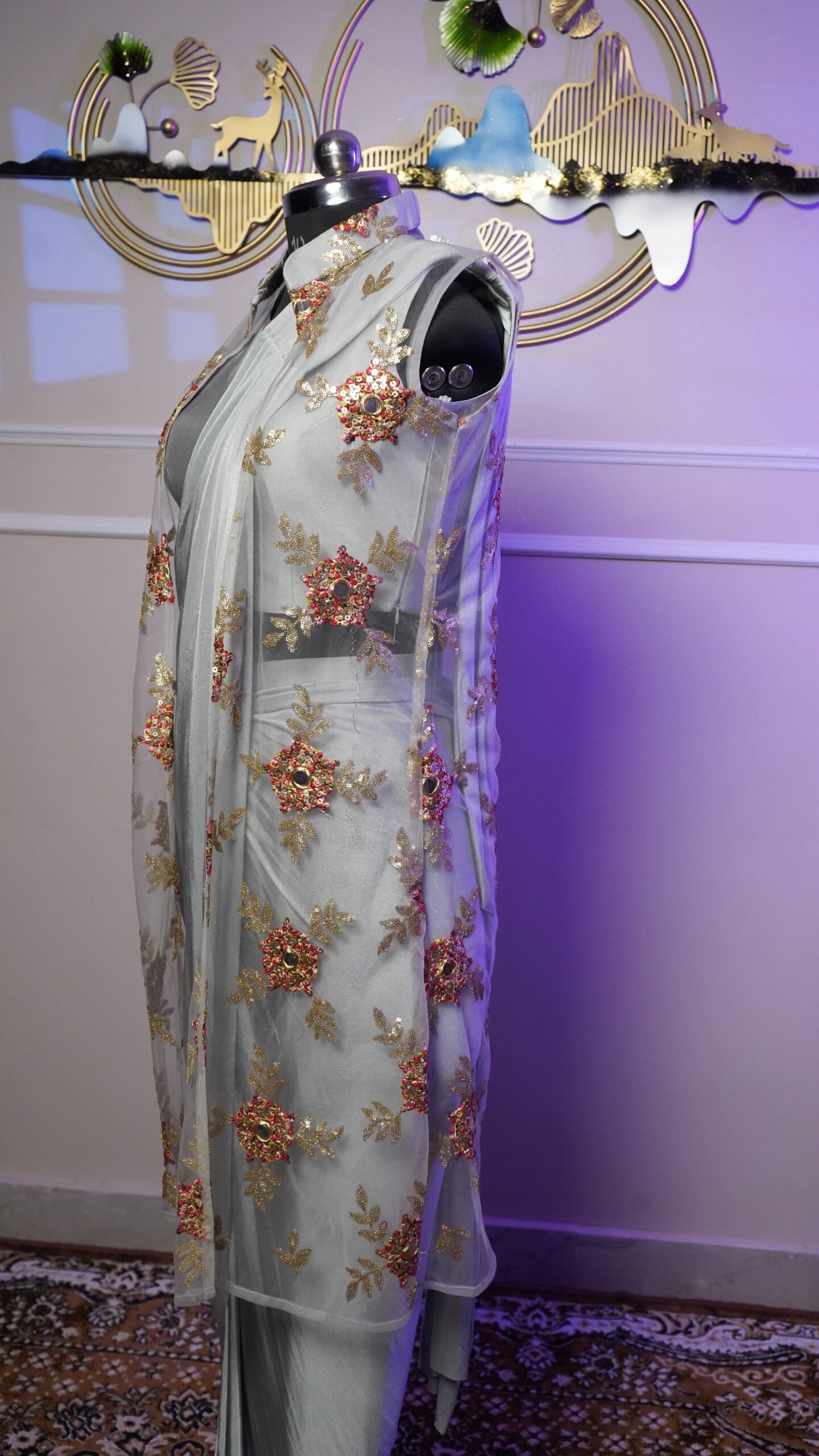 Mint Green Designer Ready-to-Wear Saree with Embroidered Cape - Image 3