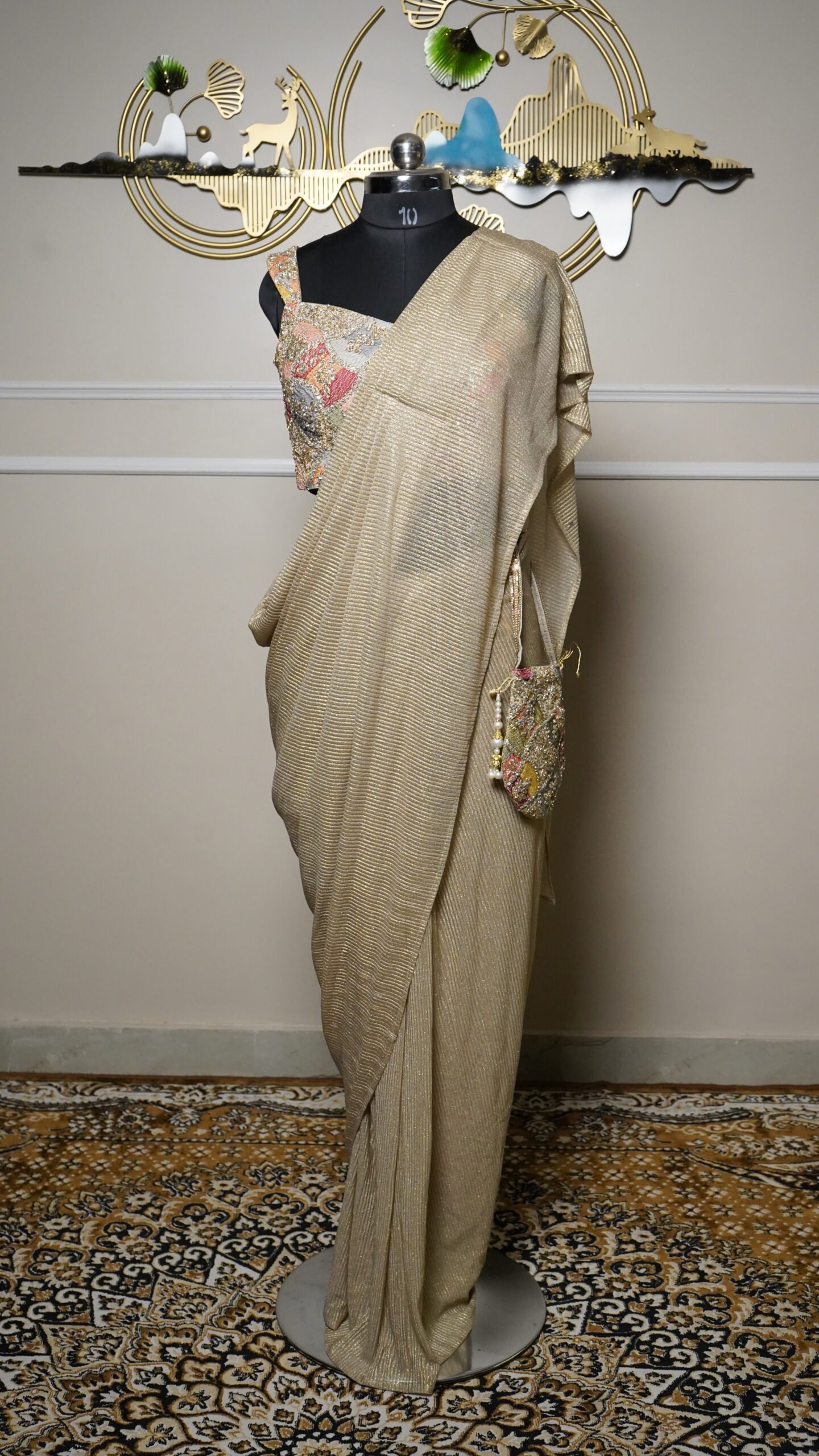 Champagne Gold Shimmer Saree with Designer Embellished Blouse & Potli Bag - Image 3
