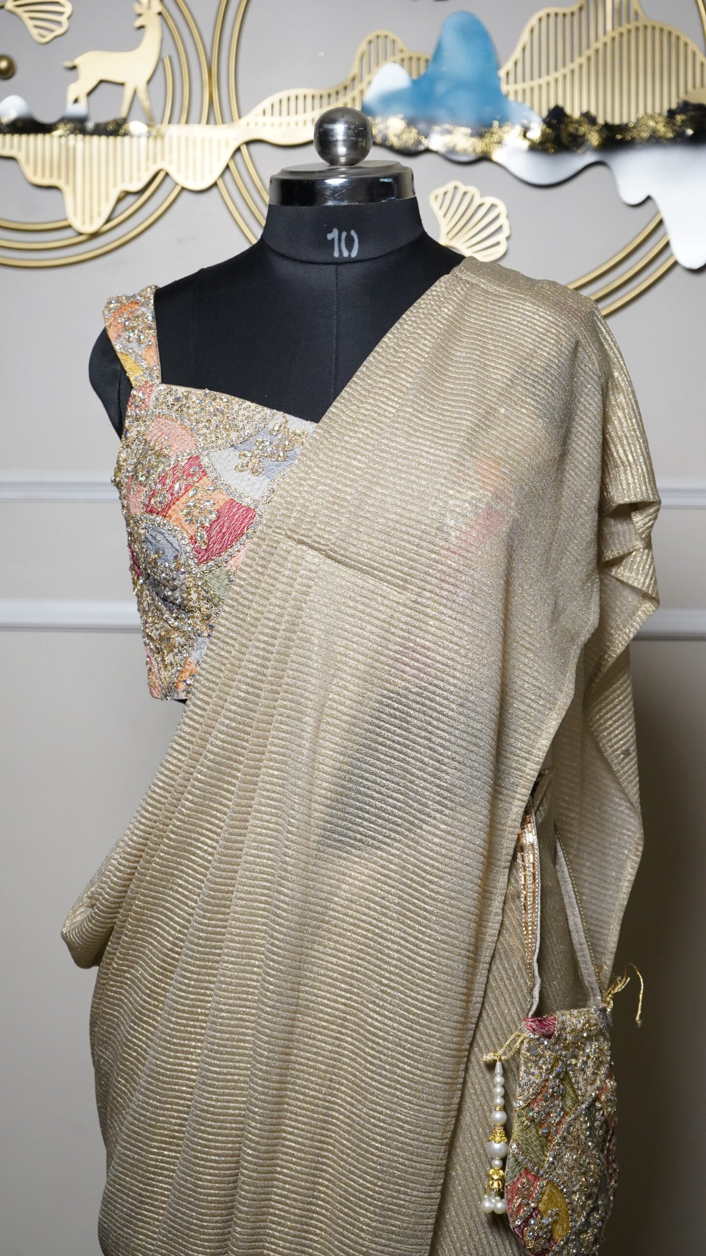 Champagne Gold Shimmer Saree with Designer Embellished Blouse & Potli Bag