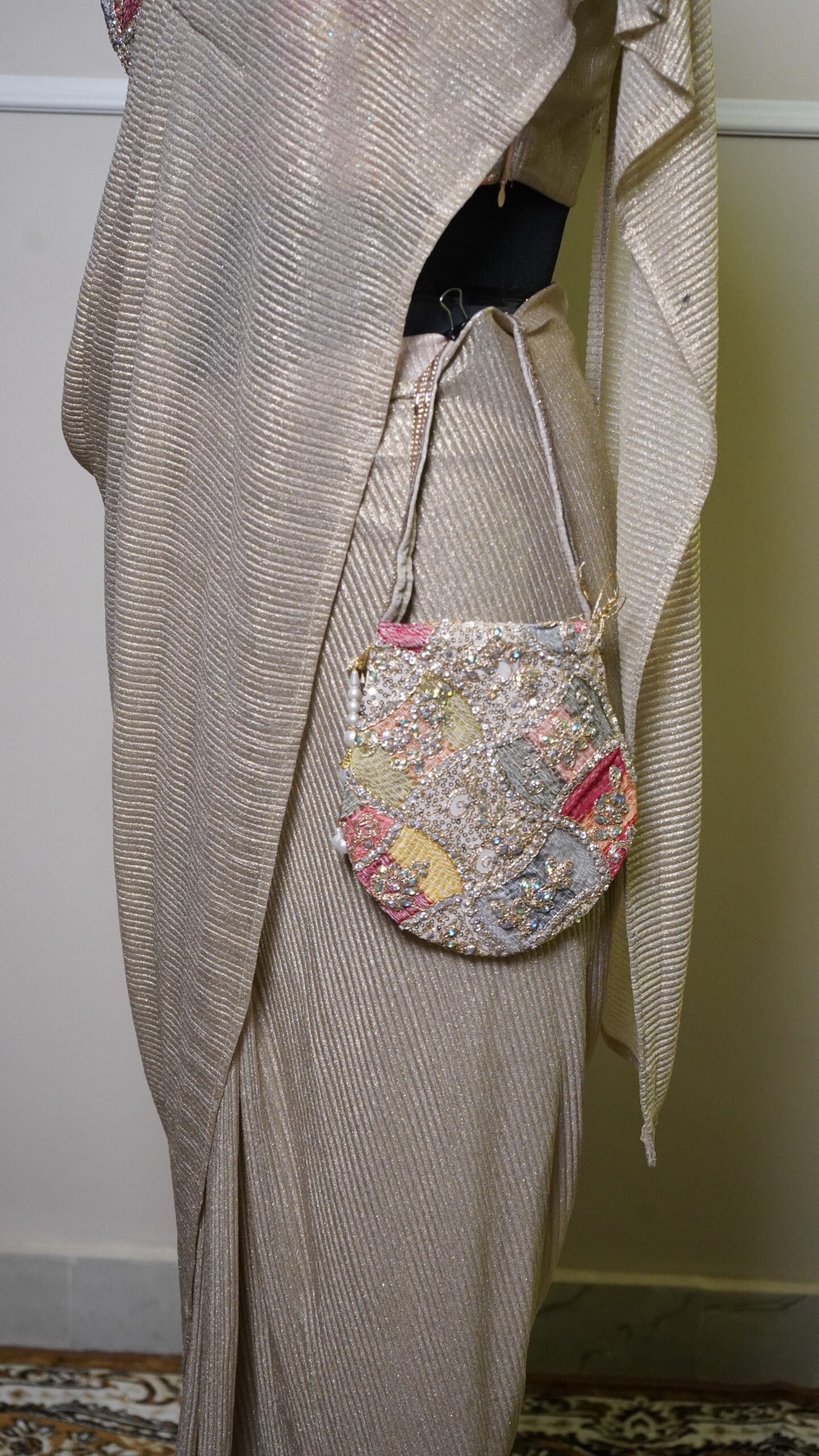 Champagne Gold Shimmer Saree with Designer Embellished Blouse & Potli Bag - Image 4