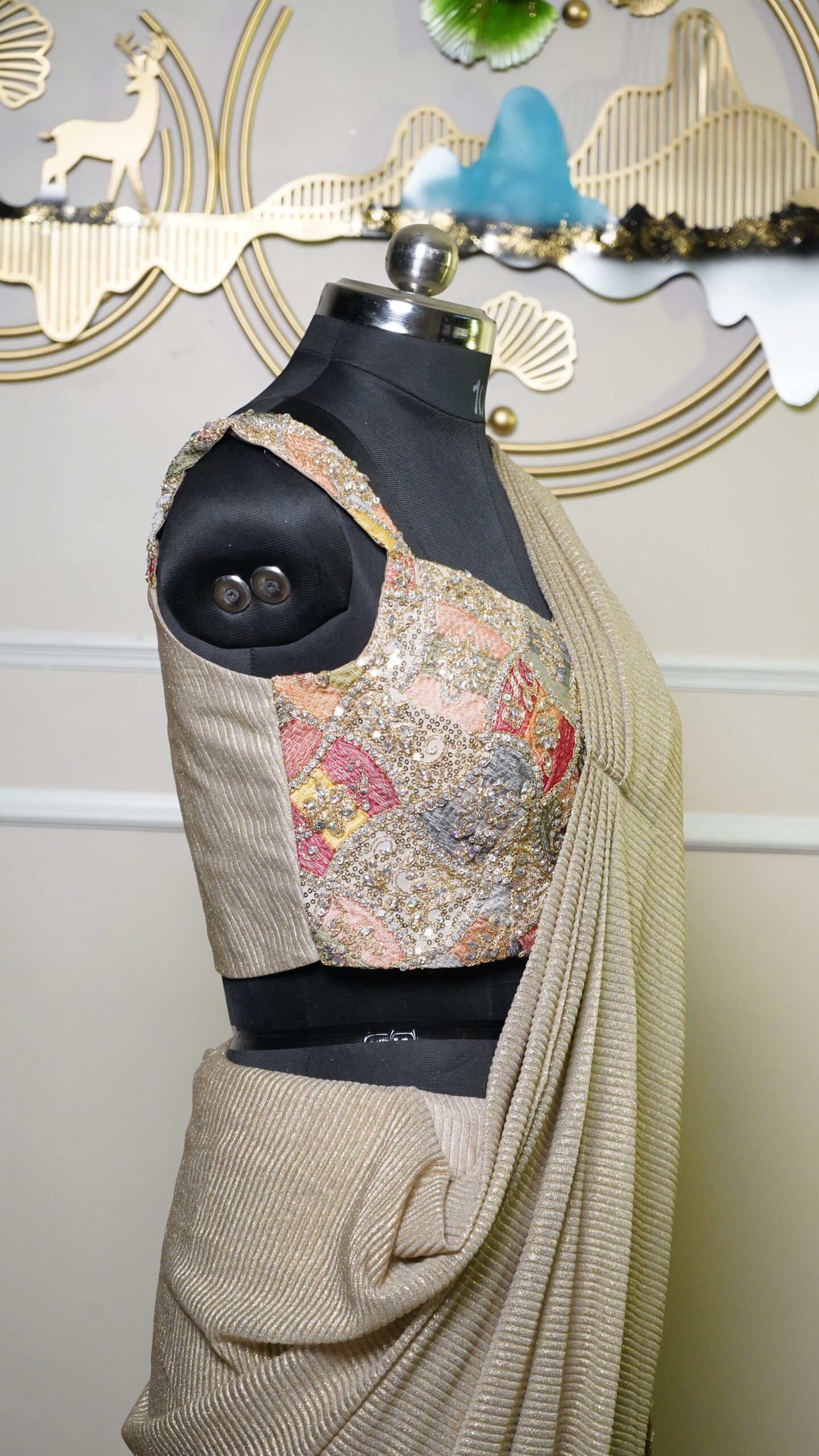 Champagne Gold Shimmer Saree with Designer Embellished Blouse & Potli Bag - Image 5