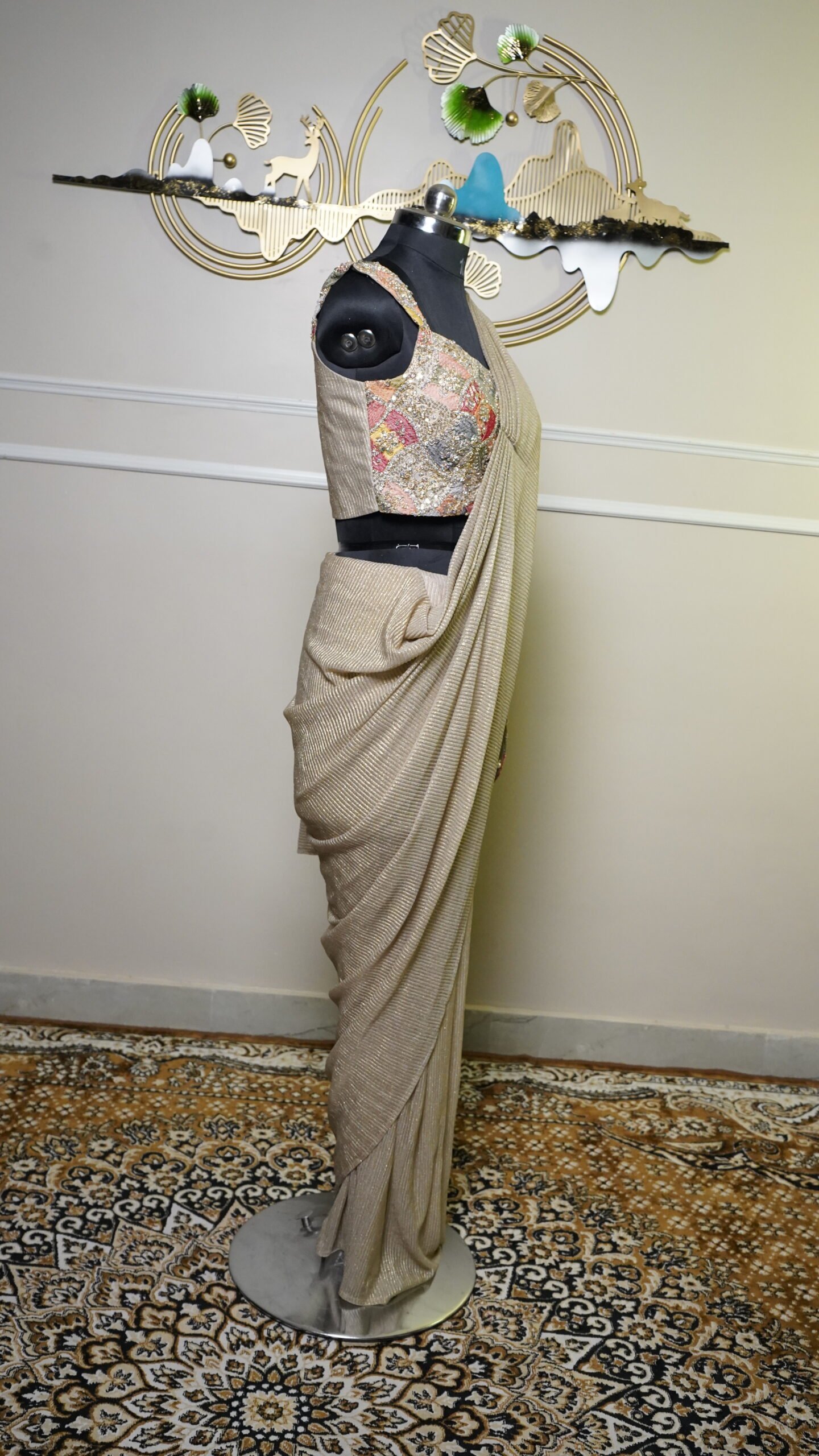 Champagne Gold Shimmer Saree with Designer Embellished Blouse & Potli Bag - Image 2